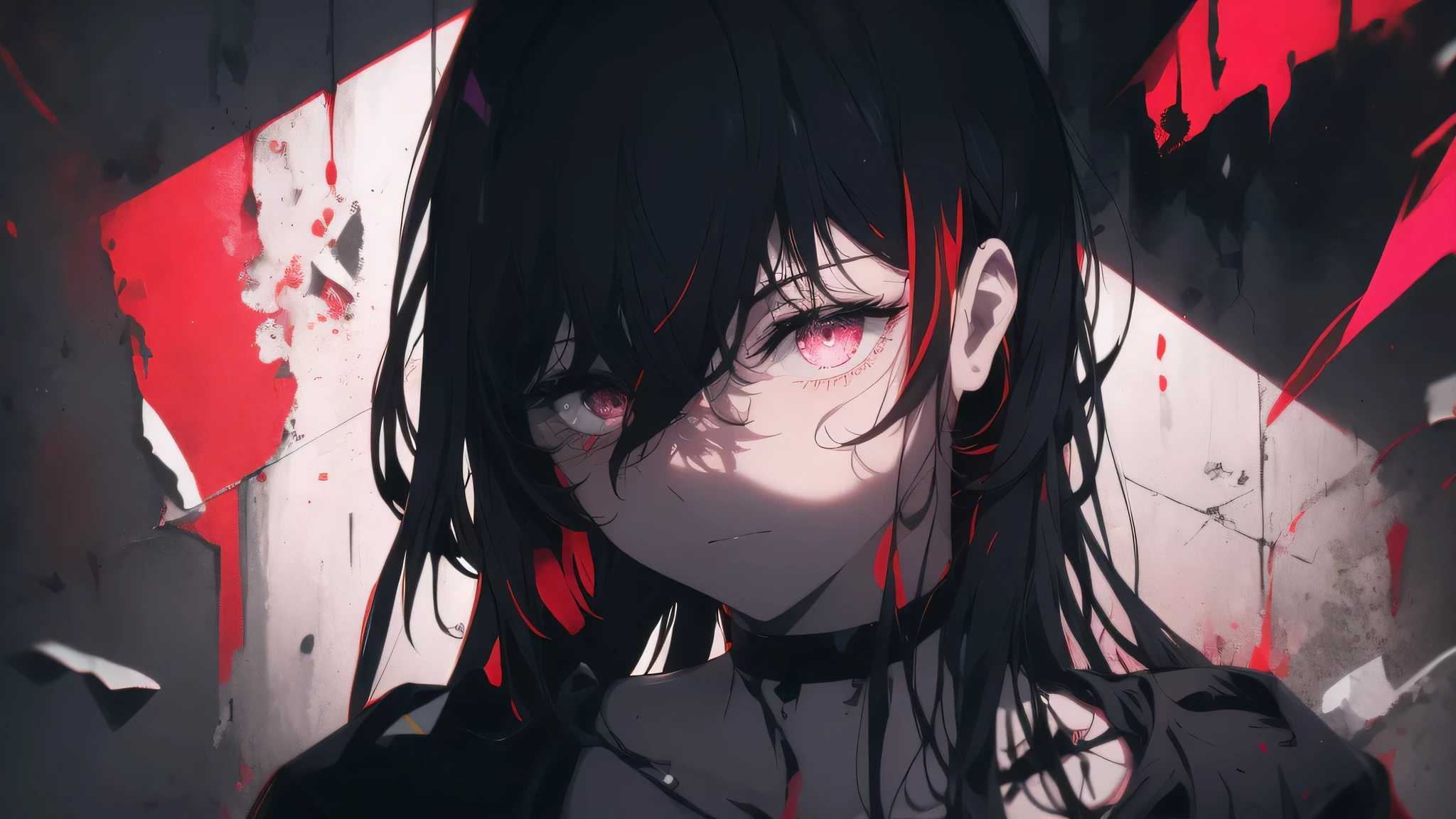 best quality, intricate details, chromatic aberration, 1girl, long hair, black hair, messy hair, red highlights, hair over one eye, sharp eyes, choker, neon shirt, torn legwear, open jacket, against wall, brick wall, graffiti, glowing grafiti, glowing tattoos, glow, neon lights, blacklight, (((rainbow pastel)))