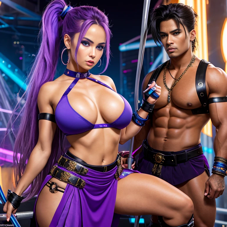 super quality, many details, a sexy warrior, with a short skirt, holding a bow, with a low-cut T-shirt, big breasts, big blue eyes, hair in a ponytail, piercing gaze, boots, hair in two shades of purple and blue, wide bracelets on the hands, a jungle in the background, tanned skin, athletic constitution, provocative,