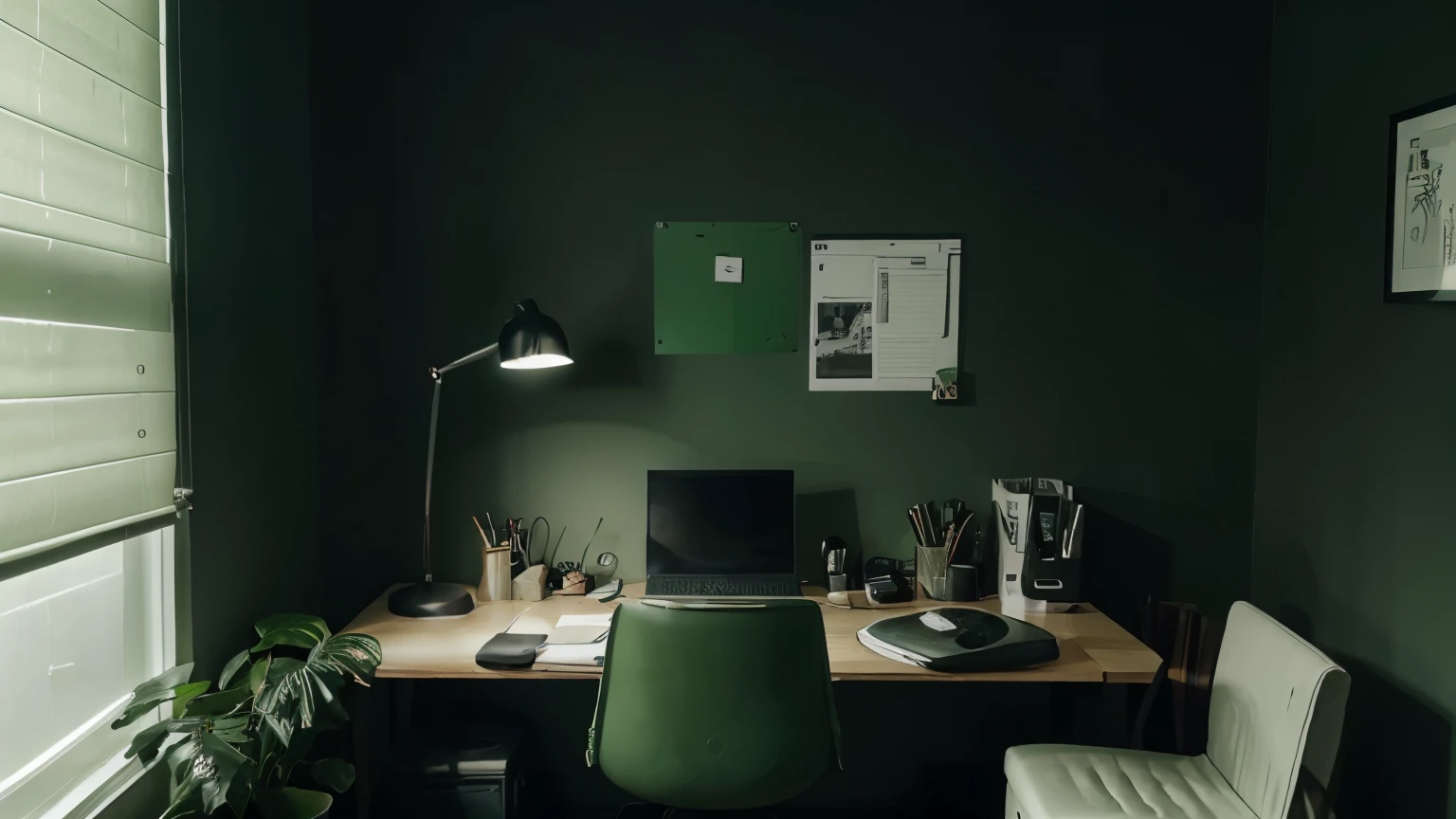 home office dark background covered with green tint
