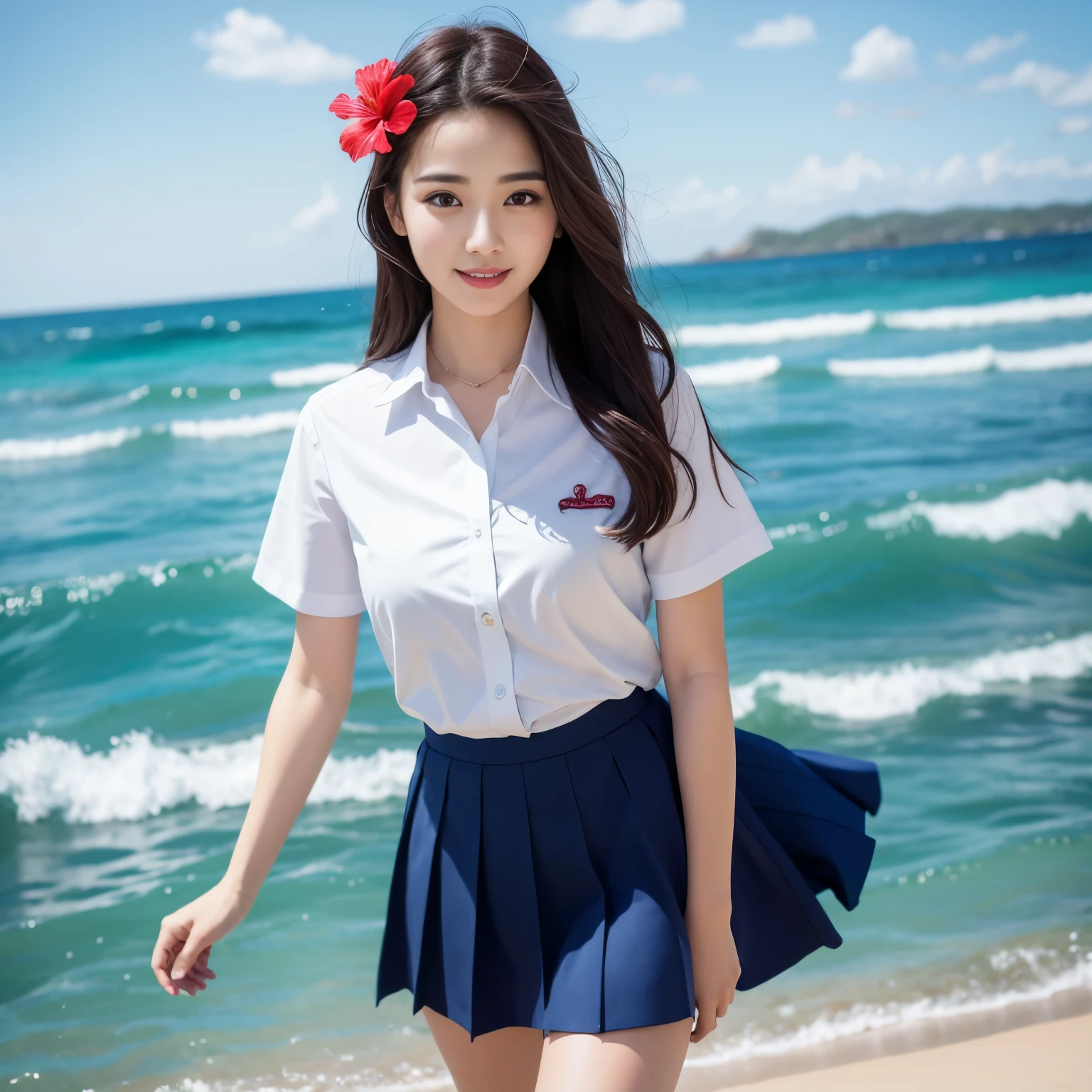 ((highest quality、table top、8k、best image quality、extremely complex and detailed depiction))、(1 photo:1.5)、(1 :1.3)、The best smile staring at the camera、beautiful beach、(red hibiscus hair ornament:1.1)、white shirt、(navy pleated skirt:1.1)、high school uniform、big and full breasts、emphasize body line、glamorous body、hair swaying in the wind、sandy beach、beautiful sea、Recreate the perfect details of a deserted island、Crystal clear and sparkling sea、Complex sea glow、beautiful seaの詳細が描かれています、Brightly lit face、Ultra high definition beauty face、ultra high definition hair、Super high-definition sparkling eyes、(Pure white skin shining in ultra-high resolution:1.1)、Super high resolution glossy lips