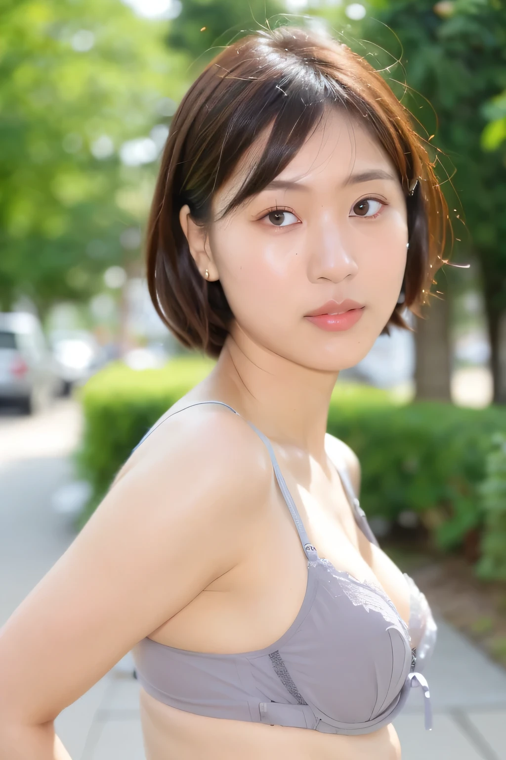 ((highest quality、8K resolution、master masterpiece、portrait:1.3)), Photoreal, 35mm film, 1 Japanese female,Beautiful woman, on the street during the day, wrinkles around the eyes, plump body,short hair,leaning forward,((sexy bra_panties:1.3)) , (outdoors_city street: 1.3), jumbled background,look at the audience