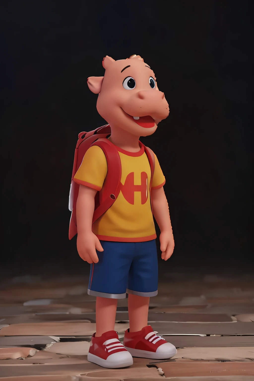 cory 2 hippo male sex doll with cartoon style going to school running with a backpack on his back wearing a yellow t-shirt with the red h symbol in the center of the t-shirt and red sleeves, blue shorts, red sneakers