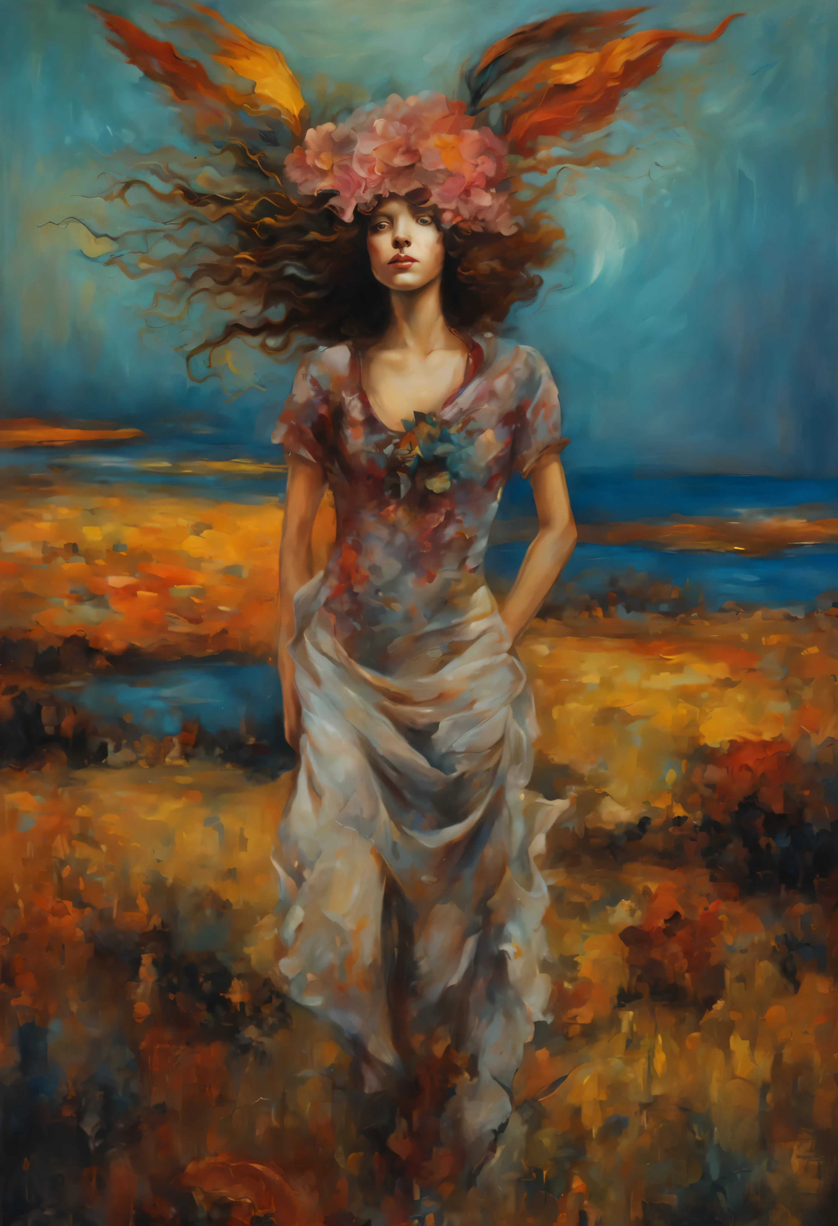 alone in the universe, Paint in watercolor style, Photorealism, discreet golden and ruby and mint shades, (nude) gentle modest thin girl 16 years old (with a very beautiful exquisite face) with tender nipples walking barefoot in the distance (around the southern town) early morning (along the houses)