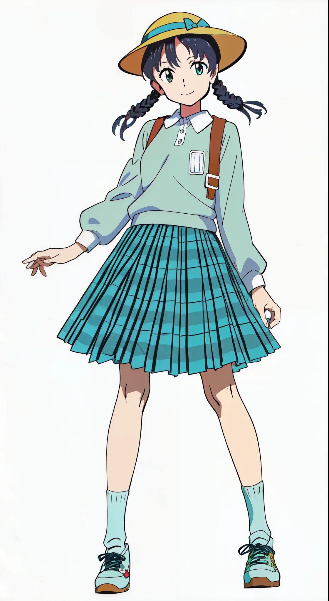 (best quality:1.0), (masterpiece:1.0), (super fine illustration:1.0), (beautiful artwork:1.0), (anime screencap:1.0), (official art:1.0), (cheerful:1.5), (light smile:1.5), (detailed beautiful eyes:1.25), (detailed beautiful face:1.25), (glowing black eyes:1.0), (white background:1.0), (best quality:1.0), (masterpiece:1.0), (super fine illustration:1.0), (beautiful artwork:1.0), (anime screencap:1.0), (official art:1.0), (full body:1.0), (solo:1.0), (ESGA:1.0), (a 12yo cute girl:1.25), (yellow hat:1.25), (red backpack:1.0), (long skirt:1.0), (green tartan skirt:1.0), (pleated skirt:1.0), (aqua blue polo shirt:1.0), (long sleeve polo shirt:1.0), (sneakers:1.0), (white socks:1.25), (ideal ratio body proportions:1.25), (lanky:1.25), (tall:1.25), (slender:1.25), (small breasts:1.25), (smaller face:1.25), (tareme:1.0), (detailed beautiful eyes:1.25), (detailed beautiful face:1.25), (glowing black eyes:1.0), (short hair:1.0), (twin braids:1.0), (black hair:1.0), (looking at viewer:1.25)