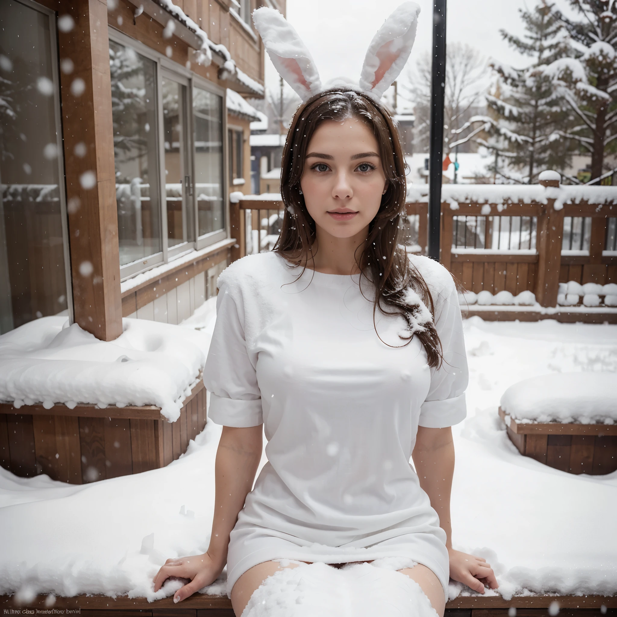 brunette woman in bunny ears sitting on a balcony in the snow,(big breast:0.5), realism, ultrarealistic sweet bunny girl, covered in snow, snow on the body, in the snow, realistic, 4K
