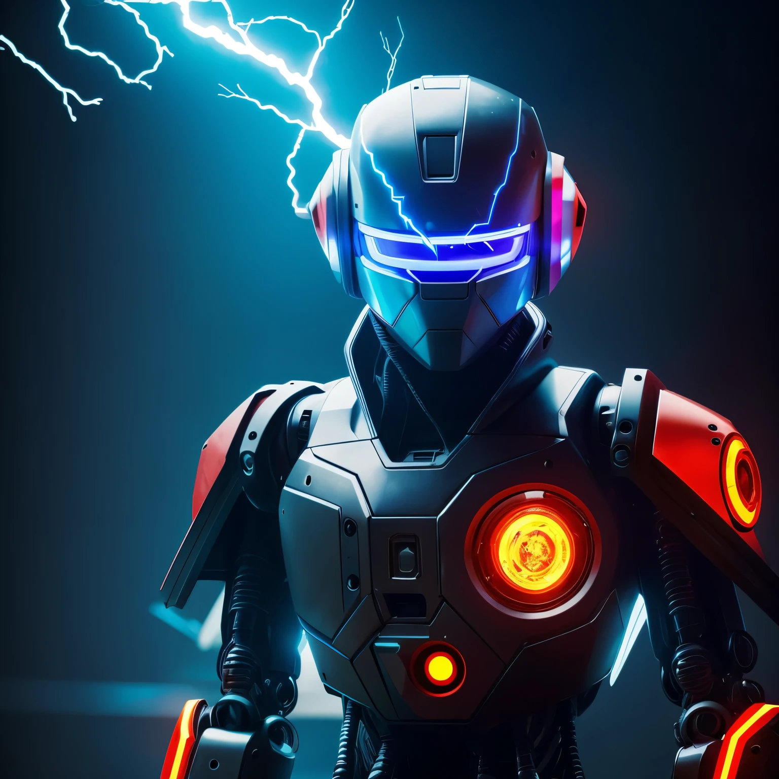 enemy cyberpunk robot with lightning sphere inside head, full body