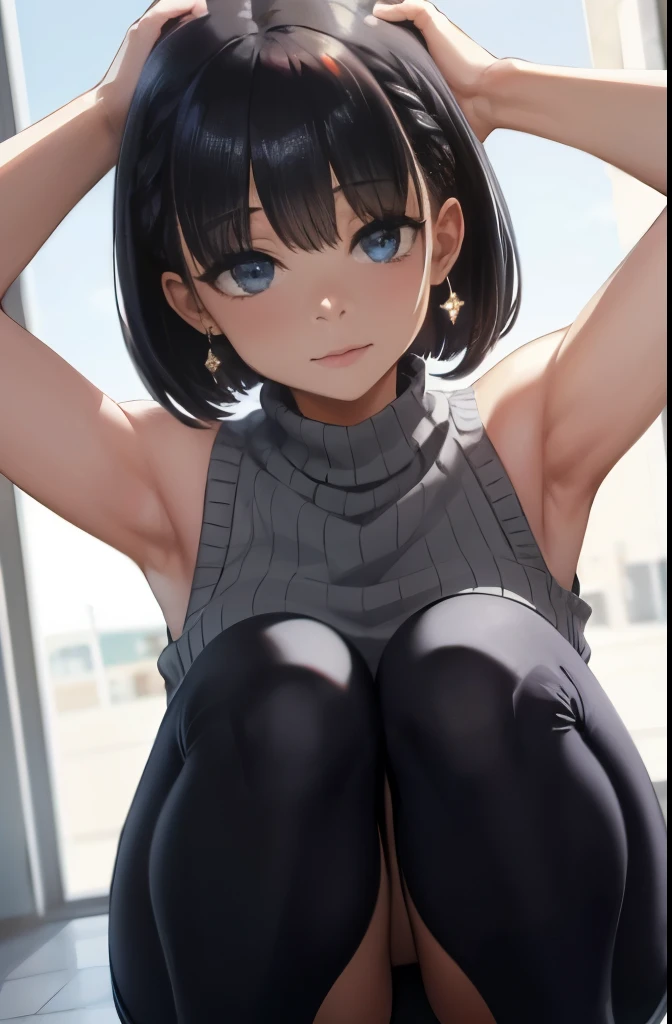 beautiful, (masterpiece:1.2), (best quality:1.2), perfect eyes, perfect face, perfect lighting, 1girl, black hair, bob cut, hair covering one eye, grey sleeveless sweater, look at the viewer, (wide angle:0.8)
,squatting,arms up,