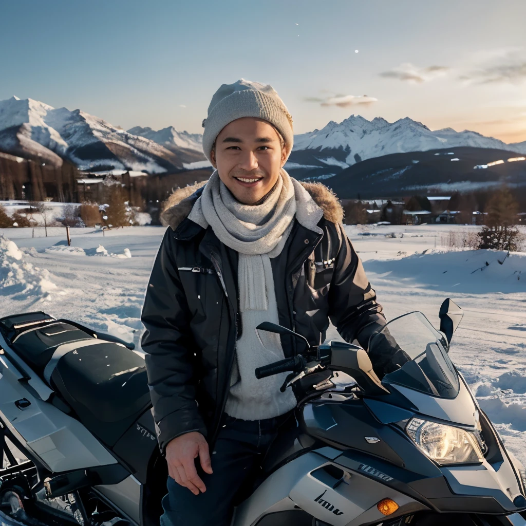 Generate IMG, ((8K, RAW Photos, Photography, Photorealistic, Highest Quality, Intricate Details)), Medium shot, of A 25 year old Korean man (light white skin, Ideal body, fit body, medium hair, wearing a winter jacket blue with a flat cap, riding (Snowmobile) side by side with a 25 year old Korean woman (with white hijab, gray winter jacket), they smile facing the camera, with levi lapland view in the background, Near sunrise, 800mm lens, realistic, hyperrealistic, photography, professional photography, deep photography, ultra HD, ultra high quality, best quality, midway quality, HDR photo, focus photo, deep focus, ultra detailed, real photo, original photo, ultra sharp, nature photo, masterpiece, award winner, shot with hasselblad x2d