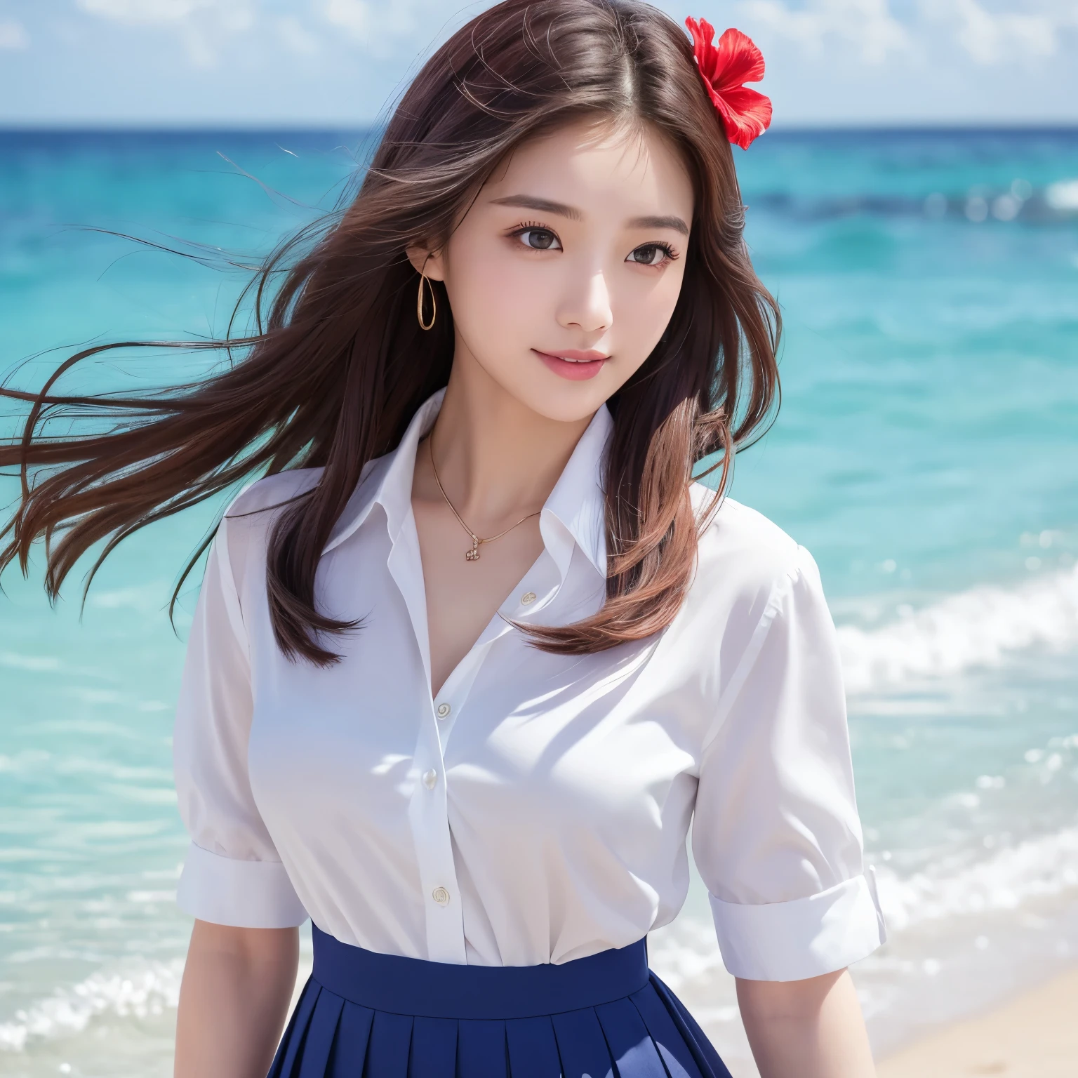 An 18-year-old girl sits by the sea,The eyes are big,The face is delicate,The legs are long,Wearing a white shirt and tie,Lower body skirt wrapped around hips,hand behind back,Gradient hair,Half-height ponytail