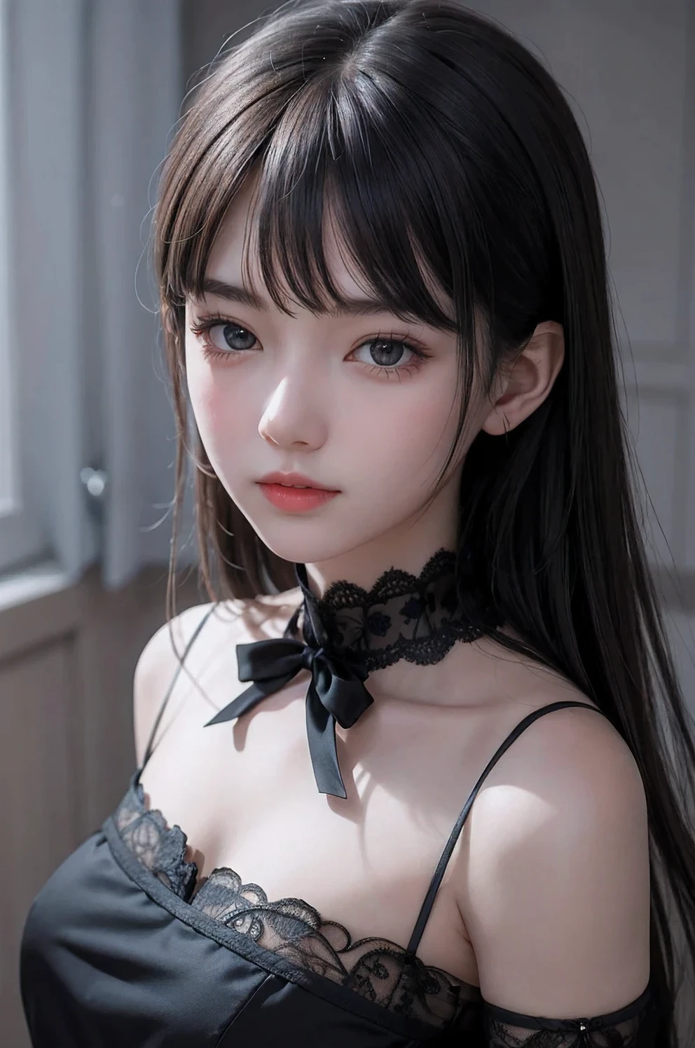 1girl,portrait, looking at viewer, blur background,
lace collar, black lace