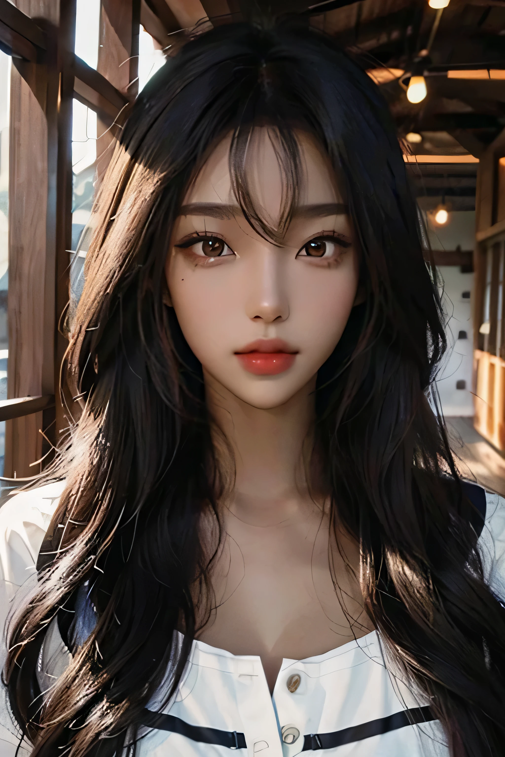 Mixed black and Asian woman, best quality, long dark hair, dark brown skin