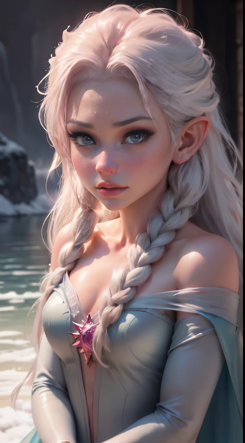 Elfgirl (rose quartz SU-Elsa frozen Disney  mezclando modelos .) (ultra FUSION of white and pink hair) Highly detailed CG unity 8k wallpaper, style shot, complex, high detail, dramatic, highest quality movie still image, very detailed, masterpiece, best quality, character design, Elsa, Elsa from Frozen,Fusion Pink Diamond (( Dark style)), realistic ultra-detailed rendering style, natural light, sharp character design, (hard focus, 8k), (((natural skin texture))), 8k textures, soft cinematic lighting, adobe lightroom, dark room, hdr, Sophisticated, Elegant, Rich Detail, Sharp Focuilm Look) )), Soothing Tones, Detail Frenzy, Intricate Detail, Super Detail, Low Contrast, Soft Film Lighting, Dull Colors, Exposure Blending, HDR, Fade, 35mm, f/1.4, ISO64, f16, 25 sec.
