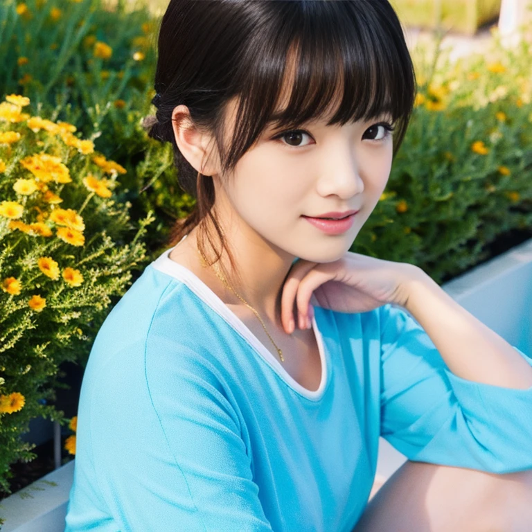 Highest quality, 8k, Realistic photo, Face is clear, High resolution, Portrait, Young Japanese Woman, smile, Light blue camisole, Shorts, looking at the camera, Bright garden
