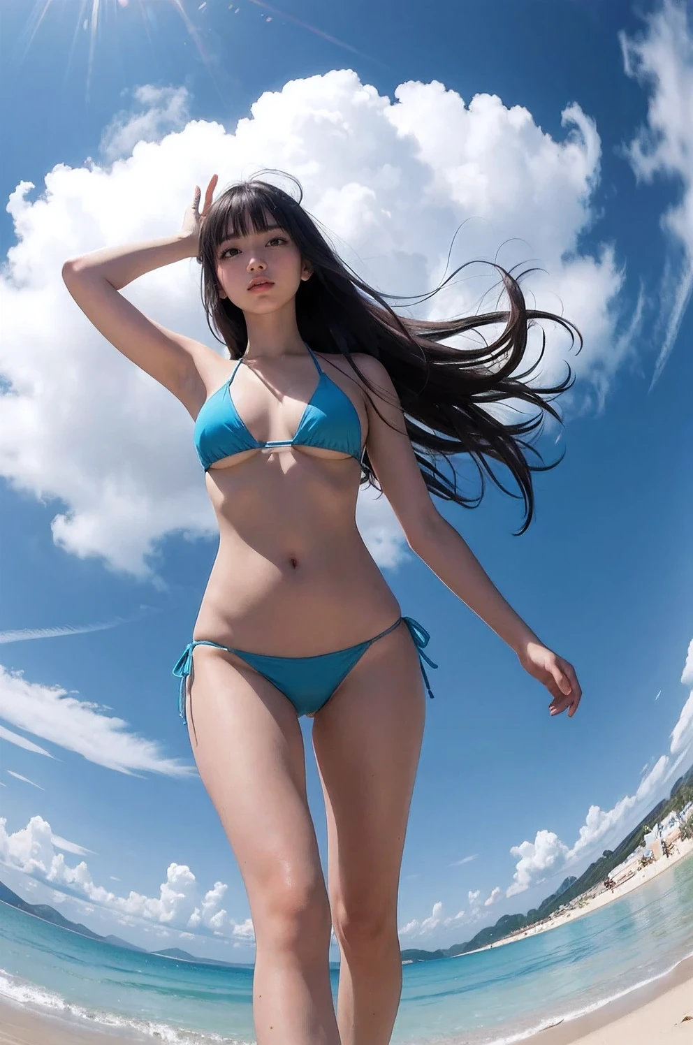 masterpiece,best quality,ultra-detailed,1girl,from below,full body, Fisheye lens, sand,bikini,solo,