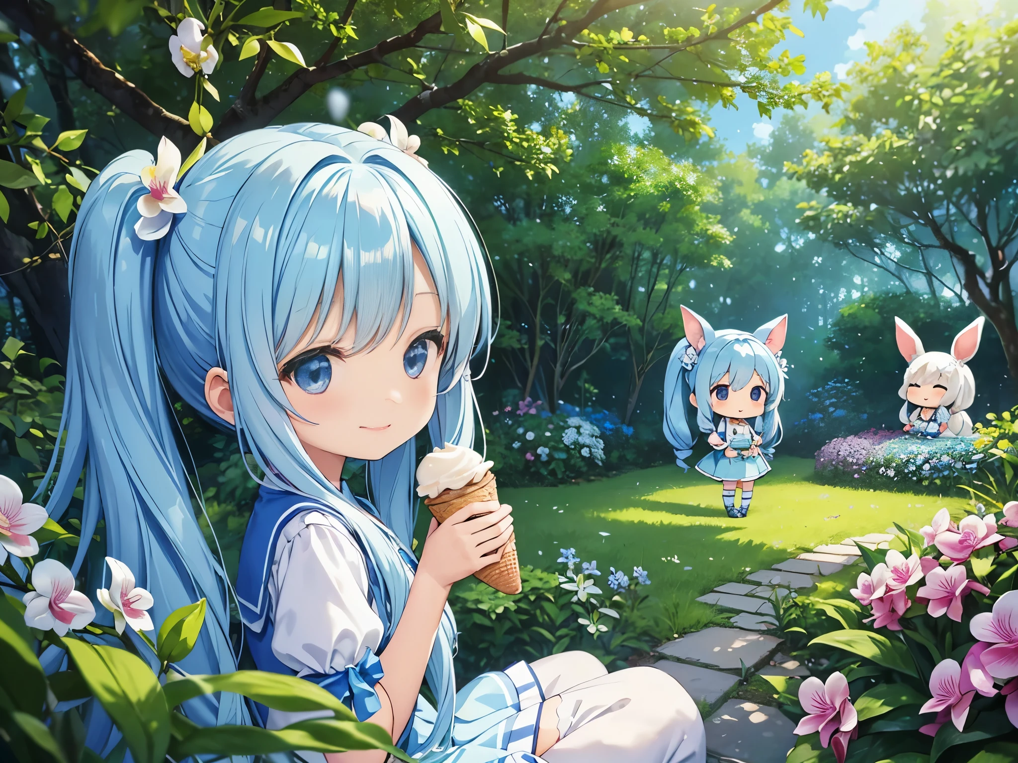 light blue long hair、Beautiful girl with twin tails、blue sky、in the forest、Eating a large ice cream at a cafe filled with orchid flowers in a beautiful orchid flower garden.、The chibi characters are also the same.、rabbits and squirrels、My friends in the forest are with me too.、A happy smile、cute costume、