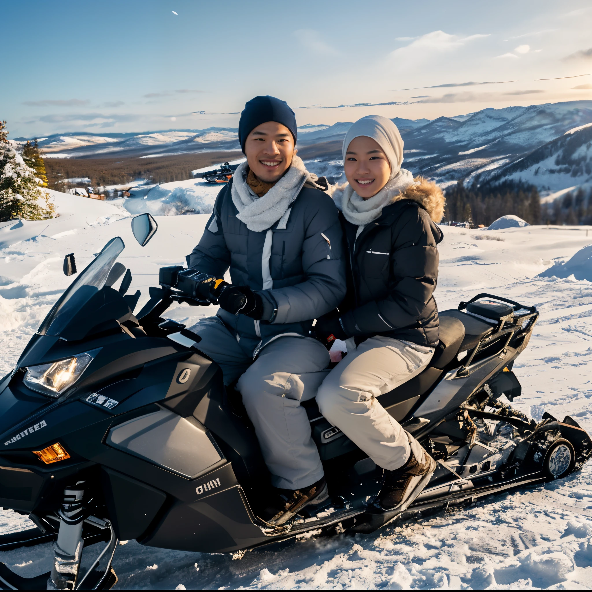 Generate IMG, ((8K, RAW Photos, Photography, Photorealistic, Highest Quality, Intricate Details)), Medium shot, of A 25 year old Korean man (light white skin, Ideal body, fit body, medium hair, wearing a winter jacket blue with a flat cap, riding (Snowmobile) side by side with a 25 year old Korean woman (with white hijab, gray winter jacket), they smile facing the camera, with levi lapland view in the background, Near sunrise, 800mm lens, realistic, hyperrealistic, photography, professional photography, deep photography, ultra HD, ultra high quality, best quality, midway quality, HDR photo, focus photo, deep focus, ultra detailed, real photo, original photo, ultra sharp, nature photo, masterpiece, award winner, shot with hasselblad x2d