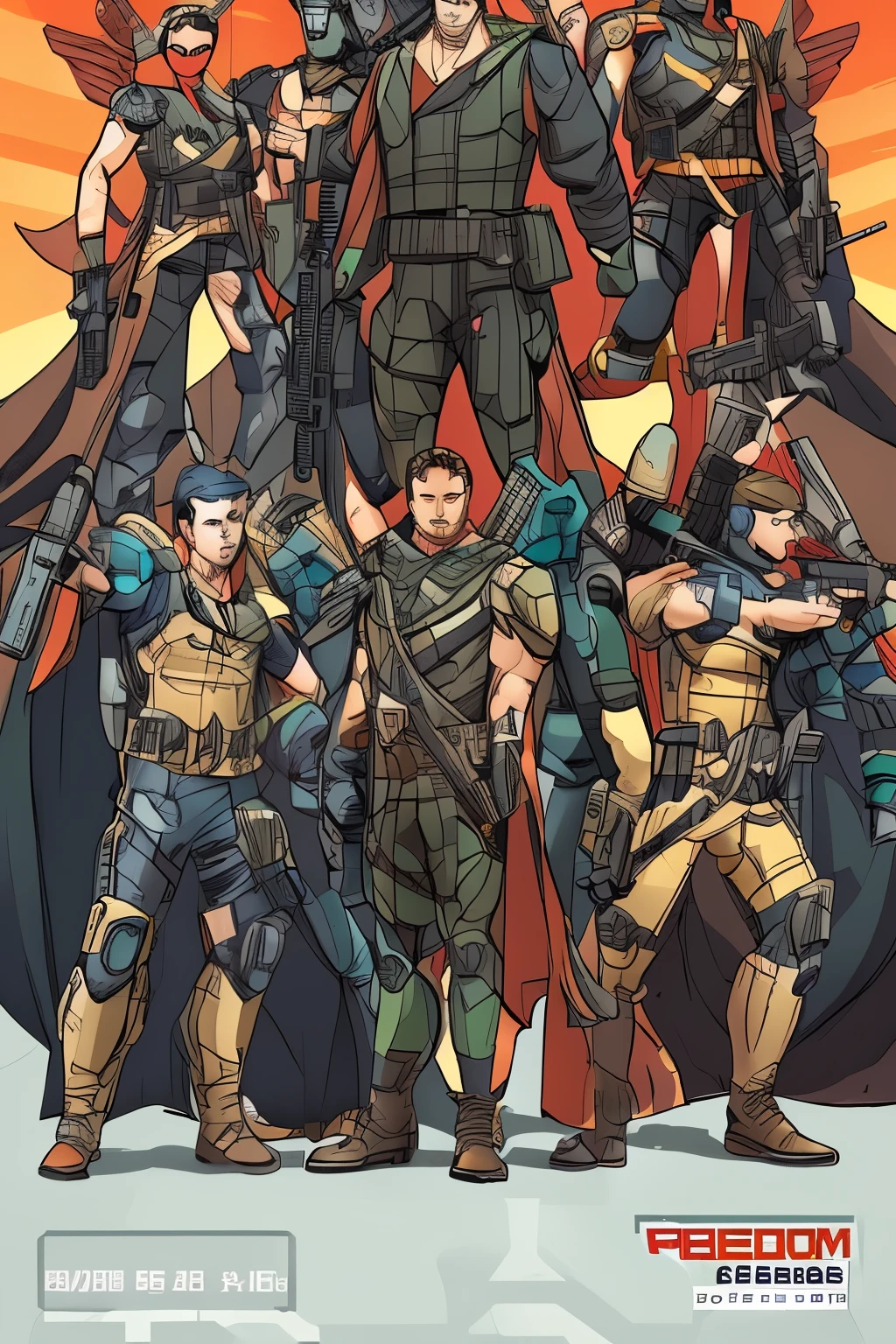 
in 2023 a group of  freedom fighters confidant of their capabilities waiting to engage with the enemy, the characters style modern army cloth , mix between DC comic, joyful colors