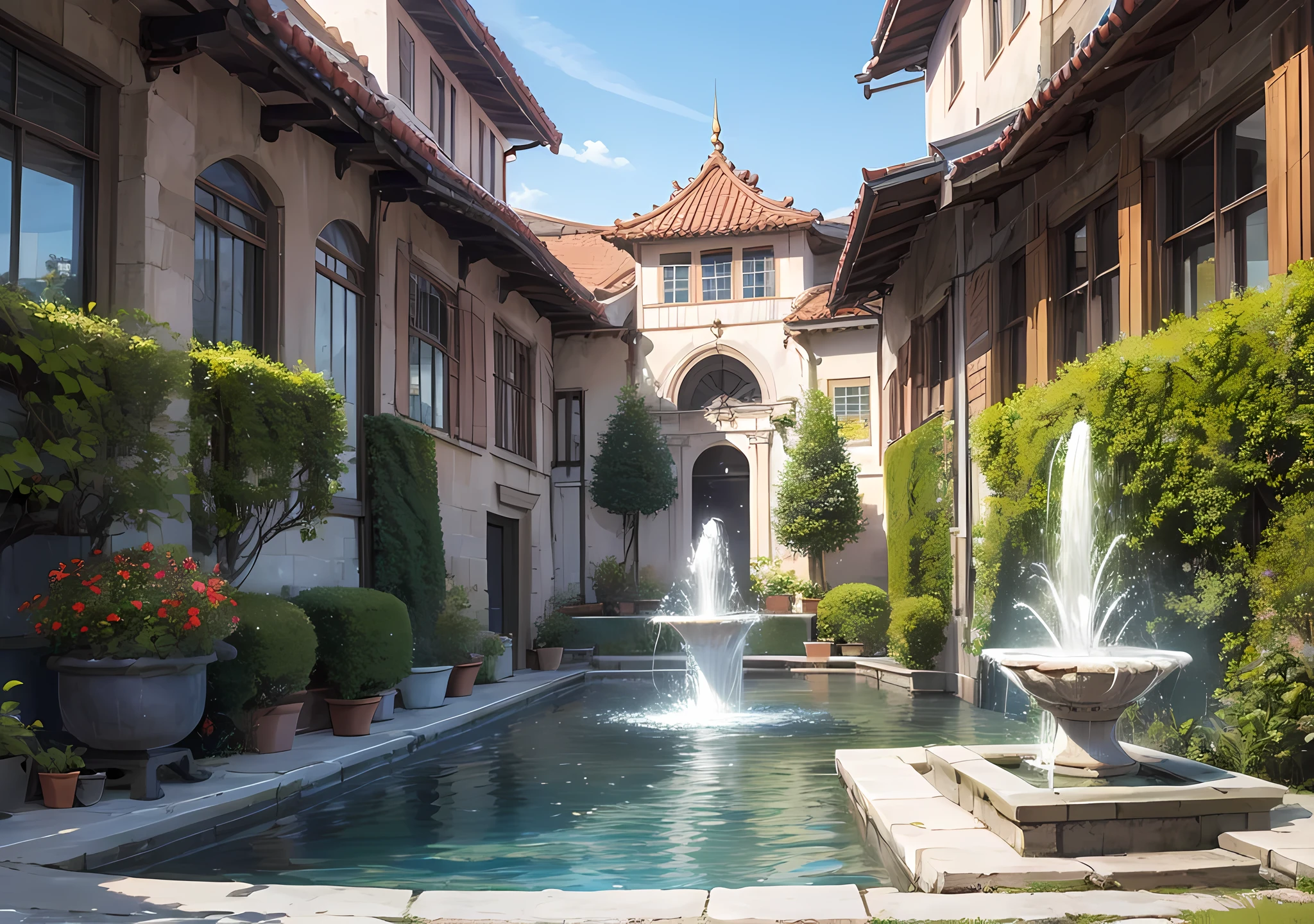 masterpiece, bestquality, a grand palace courtyard, Vibrant, open space, lots of flowers, fountain, palace