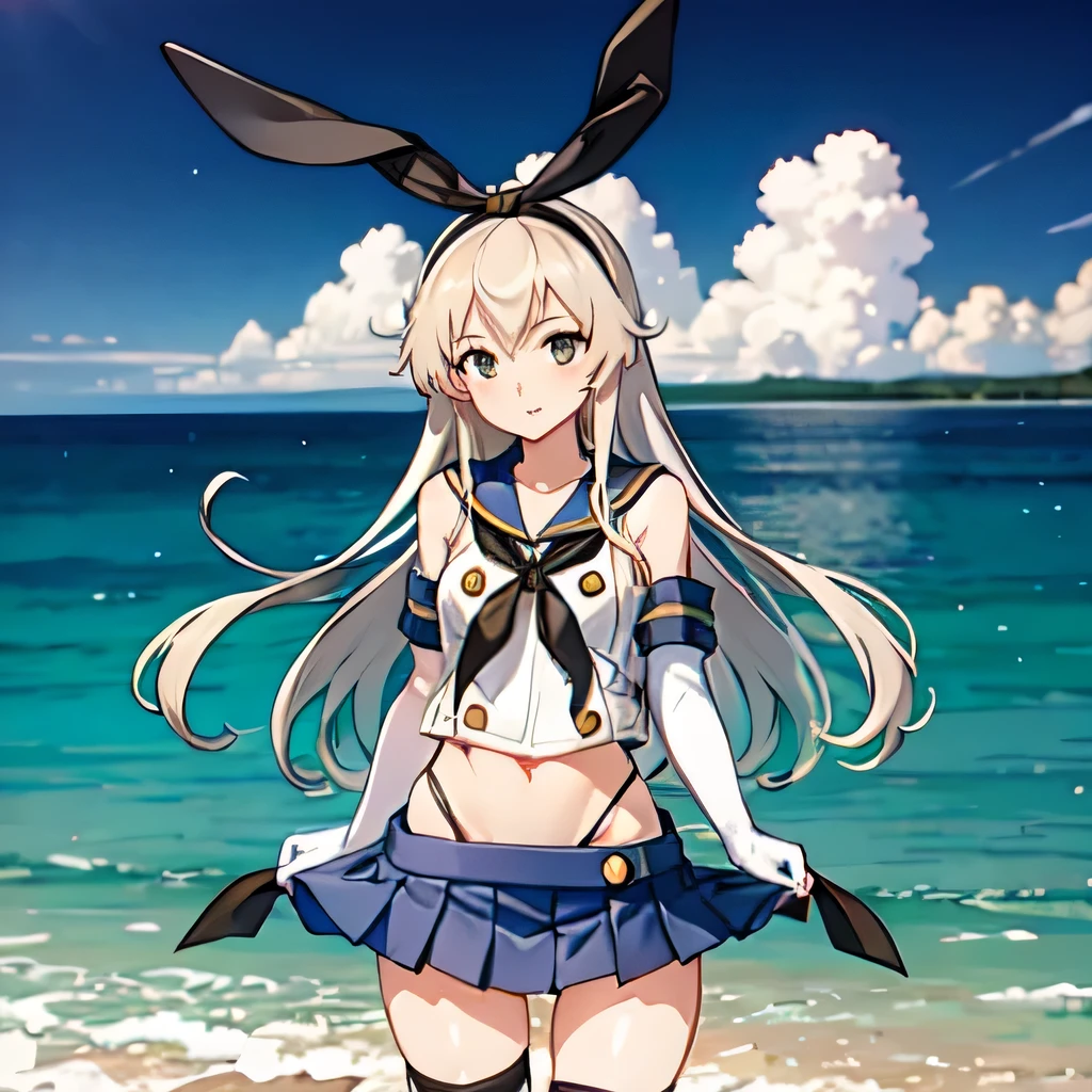 shimakaze (kancolle), abstract scene, water, anime coloring, anime art, 1girl, sleeveless, blue miniskirt, cowboy shot