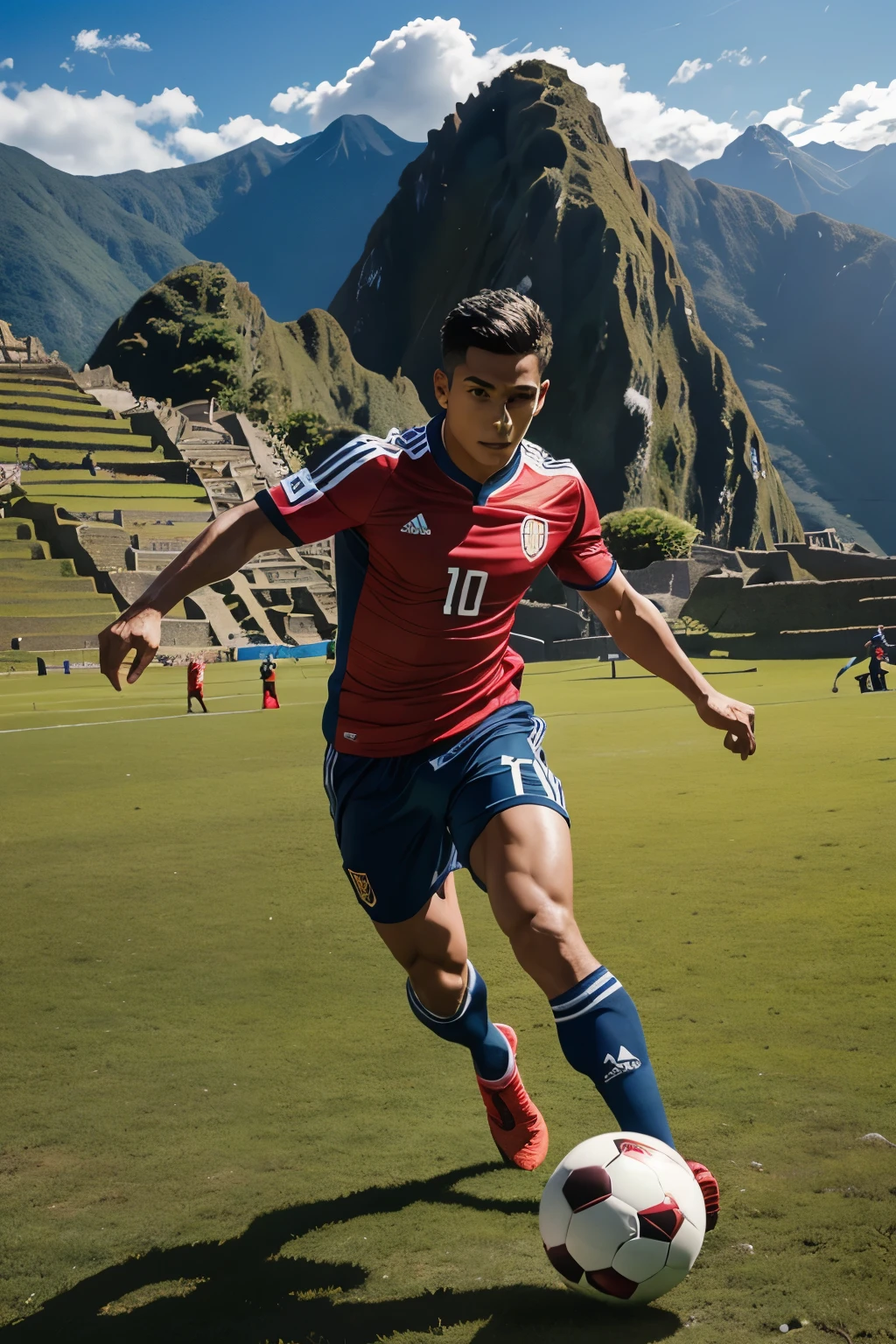 Muscular male Peruvian soccer player, on a soccer field in the wide landscape of Machu Picchu, ((alta resolucion)), ((foto realista))