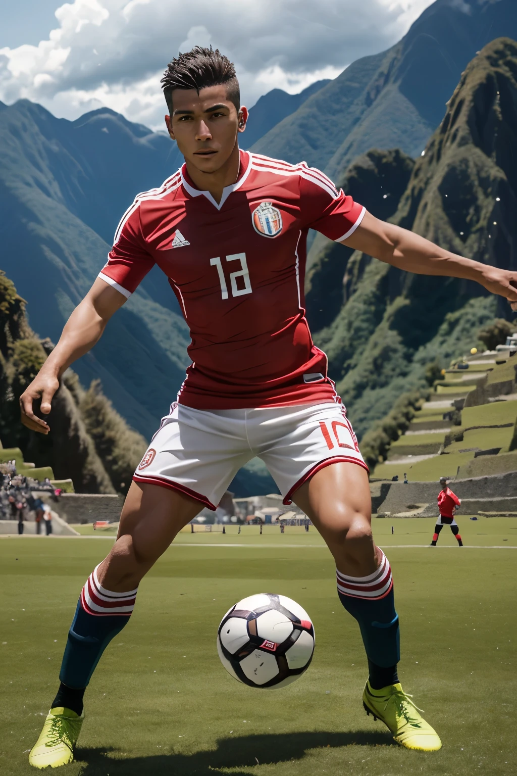 Muscular male Peruvian soccer player, on a soccer field in the wide landscape of Machu Picchu, ((alta resolucion)), ((foto realista))
