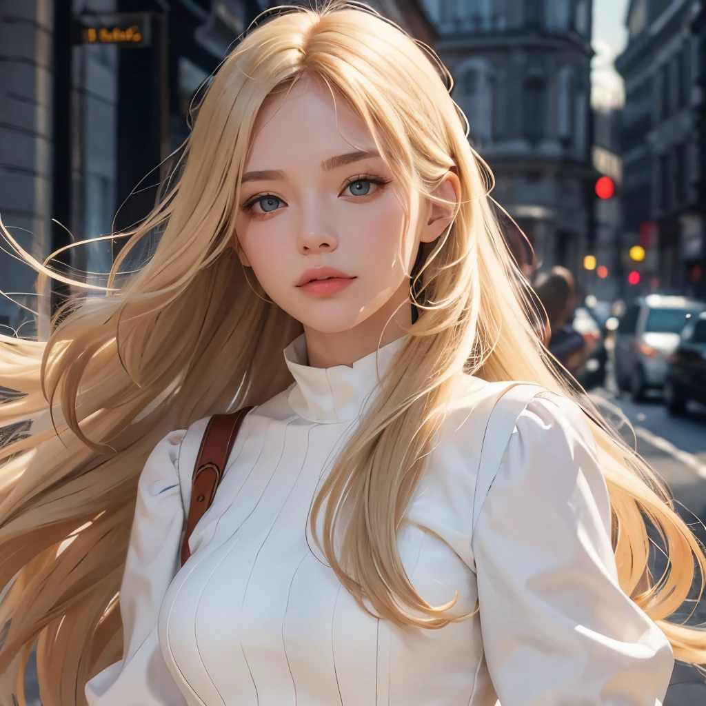 Girl, long blonde hair, brown eyes, sharp features, white skin, young woman, long sleeve dress style, London