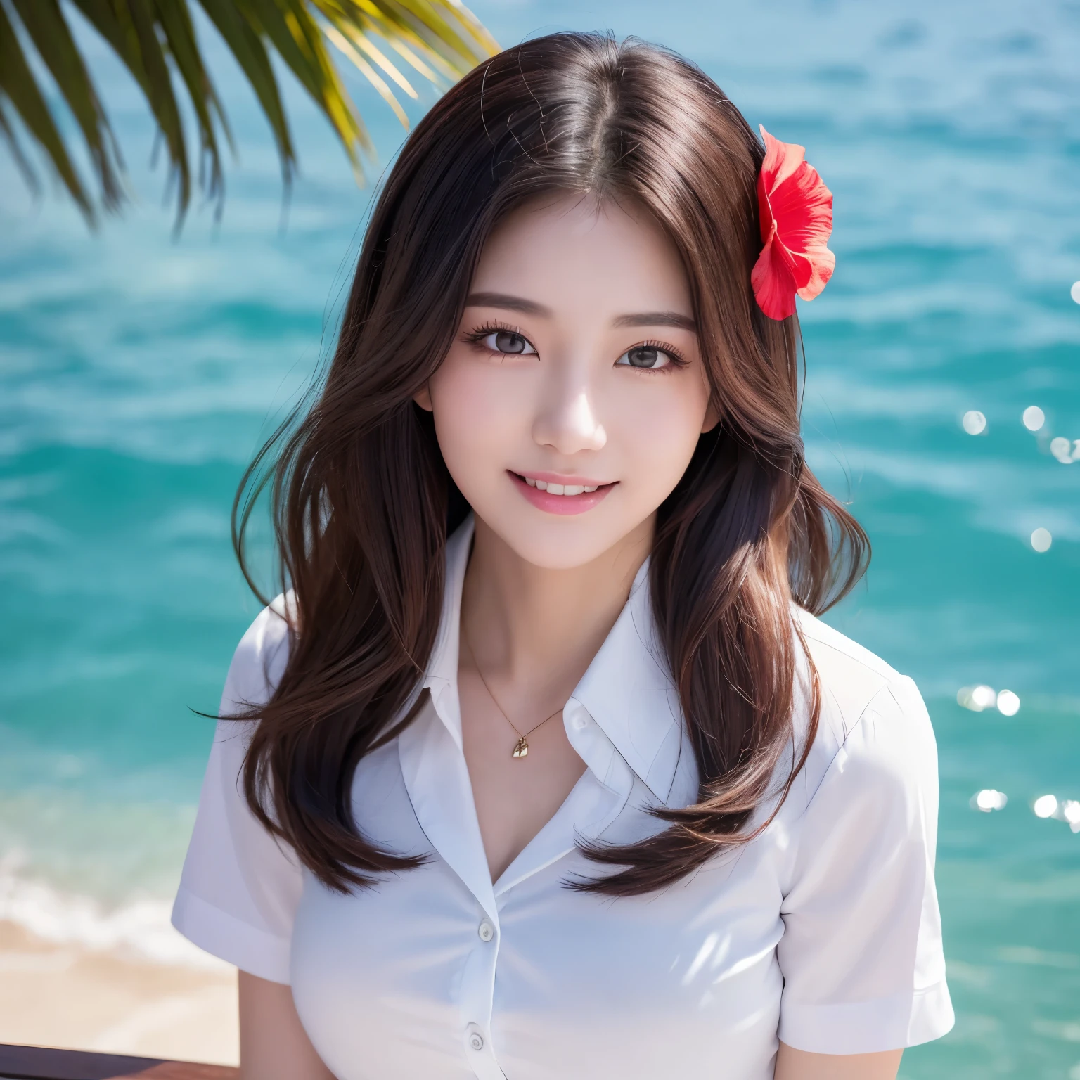 ((highest quality、table top、8k、best image quality、extremely complex and detailed depiction))、(1 person photo:1.1)、The best smile staring at the camera、beautiful beach、(red hibiscus hair ornament:1.1)、(polyester shirt:1.1)、navy pleated skirt、high school uniform、(Huge breasts that are about to burst:1.1)、(emphasize body line:1.1)、cleavage、(close up of face:1.2)、glamorous body、hair swaying in the wind、sandy beach、beautiful sea、Recreate the perfect details of a deserted island、Crystal clear and sparkling sea、Complex sea glow、beautiful seaの詳細が描かれています、Brightly lit face、Ultra high definition beauty face、ultra high definition hair、Super high-definition sparkling eyes、(Pure white skin shining in ultra-high resolution:1.1)、Super high resolution glossy lips、(shoot from above:1.1)