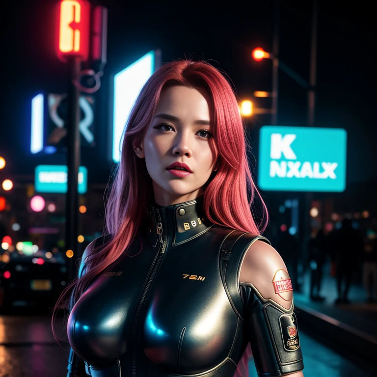 Masterpiece, Close-up, a beautiful Dutch woman with huge breasts and robotic arms in a military uniform in a dystopian city with neon signs and holograms projected on the buildings and sky, lipstick, pink virtual reality glasses, tattoos, long straight red hair, night, cyberpunk aesthetics, action movie shot by Kon Satoshi, very detailed lighting, dramatic, trend digital art in Artstation 8k HD high definition detailed realistic,  detailed, skin texture, hyper detailed, realistic skin texture, armor, best quality, ultra high res, (photorealistic: 1.4), high resolution, detailed, Raw photo, Sharp Re, by Lee Jeffries Nikon D850 Film Stock Photography 4 Kodak Portra 400 Camera F1.6 Lens Rich Colors Hyper Realistic Realistic texture Dramatic lighting UnrealEngine trend in ArtStation Cinestill 800