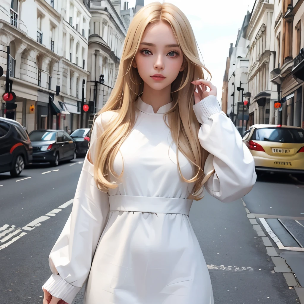 Girl, long blonde hair, brown eyes, sharp features, white skin, young woman, long sleeve dress style, London