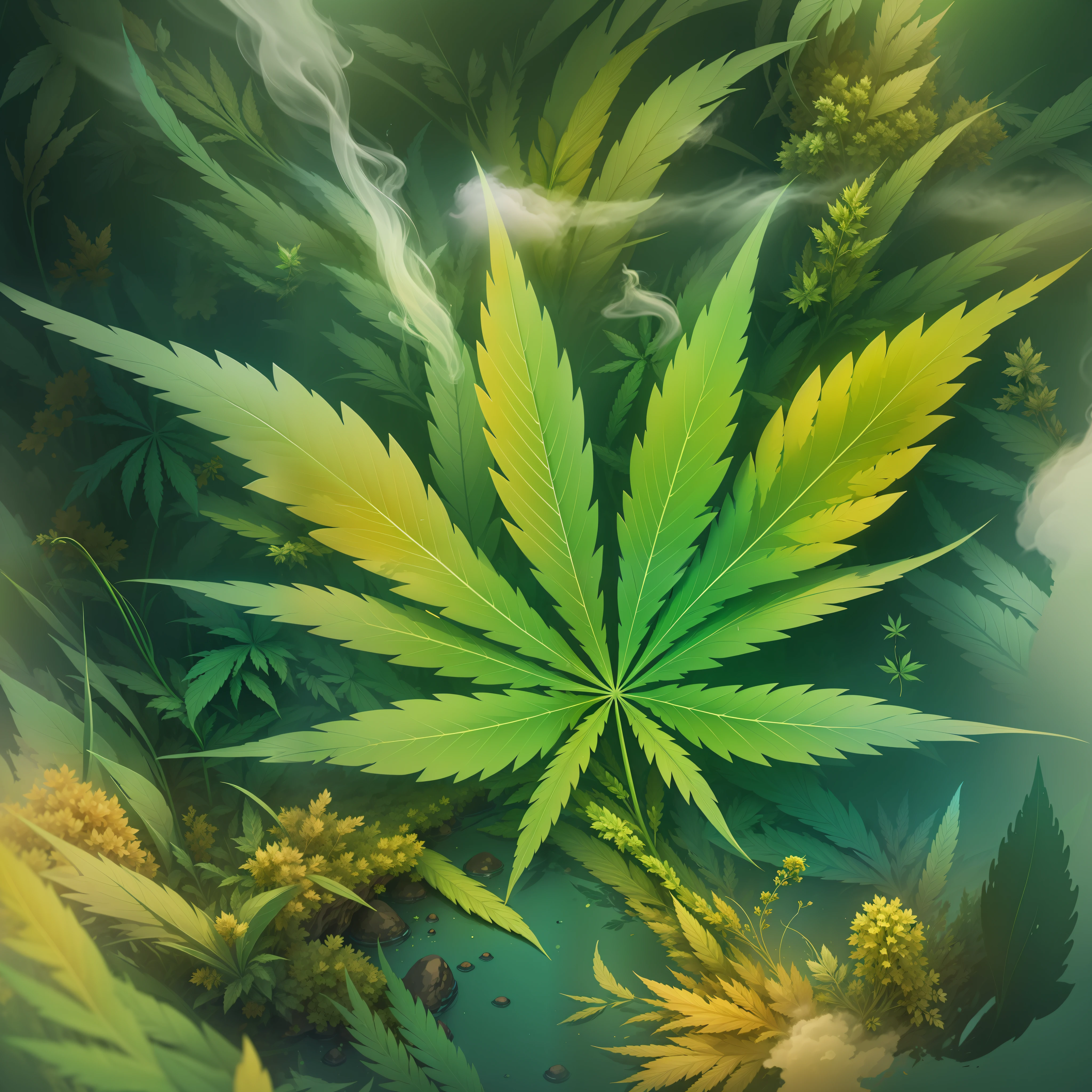 Créez une image de profil captivante qui capture l'esprit de "Dans la brise" avec un flair artistique. Incorporer des éléments abstraits sur le thème du cannabis, comme des feuilles stylisées et des volutes de fumée, magnifiquement rendu d'a contemporary and attractive way. Adopt a harmonious mix of greens complemented by subtle pops of bright colors to enhance the'impact visuel. Insuffler à l’image une atmosphère conviviale et inclusive, invitant tous à explorer ensemble le monde fascinant du cannabis.