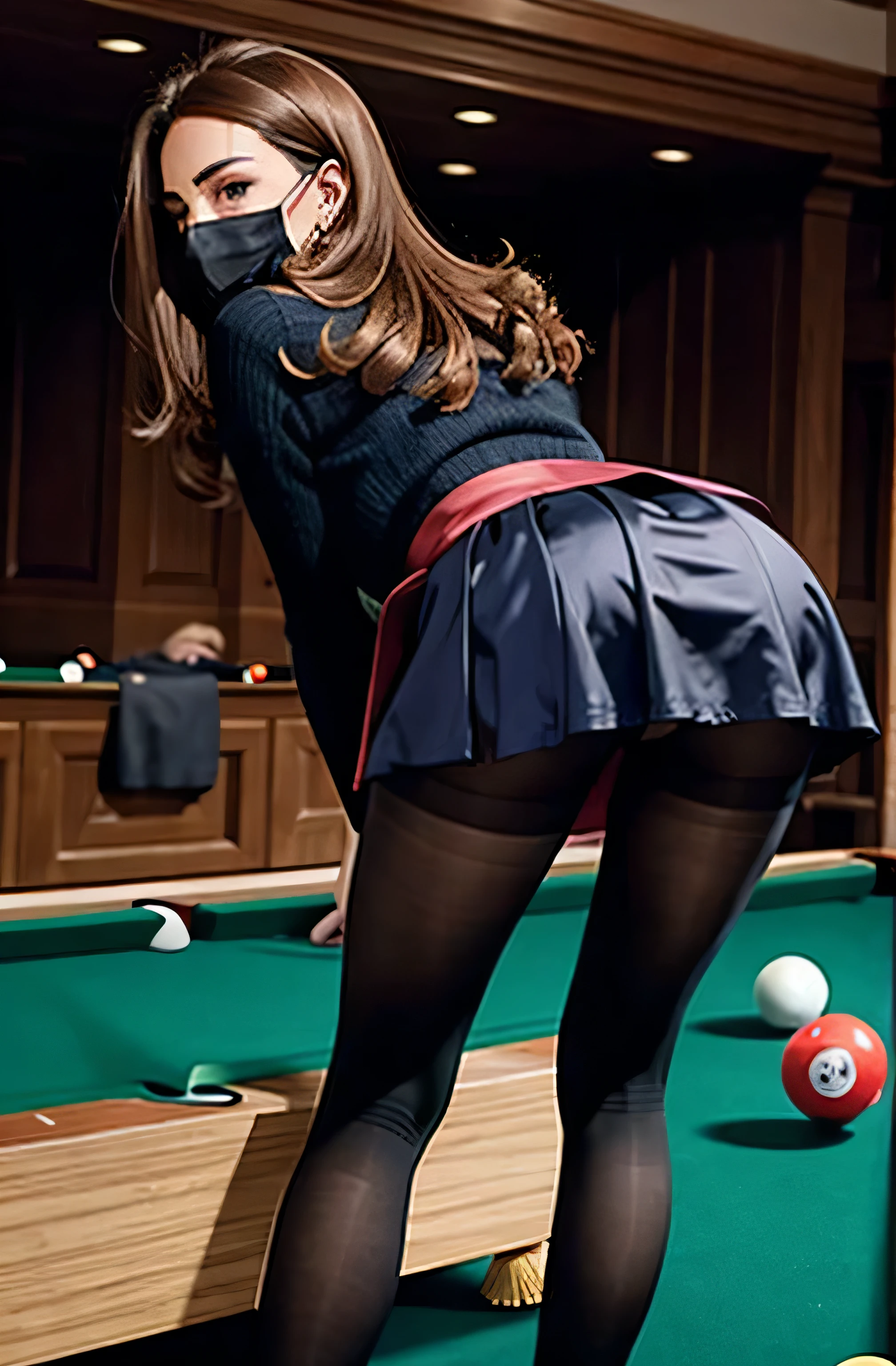 kate middleton, satin, skirt, do not show her face, masked face, silky sheer Tights, Playing billiards, bent over, backside,