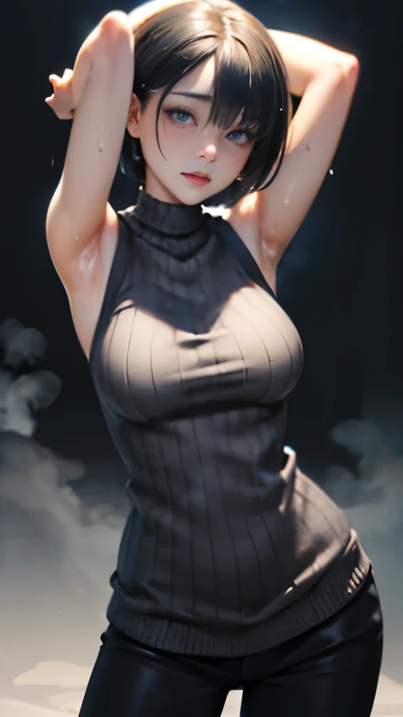 beautiful, (masterpiece:1.2), (best quality:1.2), perfect eyes, perfect face, perfect lighting, 1girl, black hair, bob cut, hair covering one eye, grey sleeveless sweater, look at the viewer, (ahegao:0.5, wide angle:0.8),arms up, ((steam,sweat)),spread legs