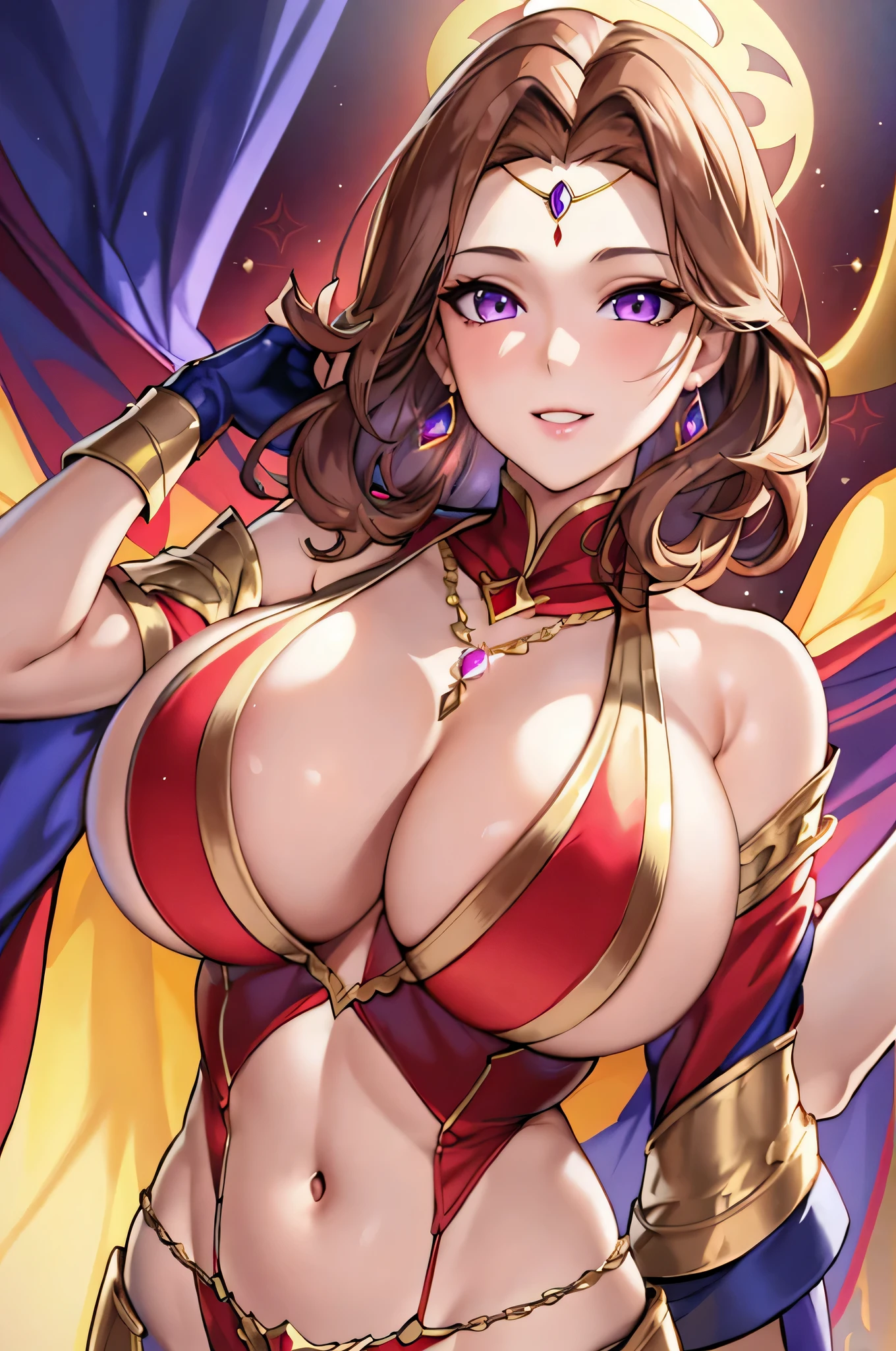 Lian, light brown hair, hair stick,bangs,violet eyes, solo, smiling, standing, upper body, hips, bare shoulders,purple thighhighs,red dress, gold jewelry,armor,gloves,circlet, cleavage, red and gold royal castle, gigantic breasts, (best quality, masterpiece, beautiful and aesthetic:1.2, highest detailed face, perfect face,)  eyes, perfect face,expressive eyes,
looking at viewer, in the center of the image,(Upper_body),(Focus on her face),
official art,extremely detailed CG unity 8k wallpaper, perfect lighting,Colorful, Bright_Front_face_Lighting,shiny skin, 
(masterpiece:1.0),(best_quality:1.0), ultra high res,4K,ultra-detailed
