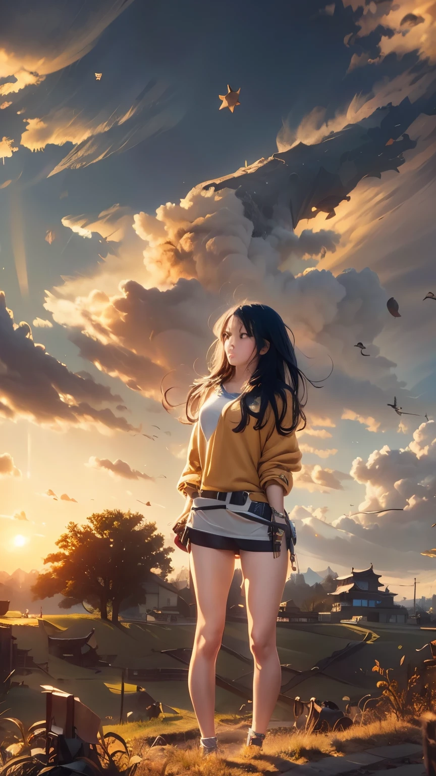 (realism: 1.3), Great, quality, Rembrandt lighting, (Masterpiece: 1.2), (realism: 1.2), (Best quality), (leather details: 1.3), (complex part), dramatic, Idyllic, ray tracing, 1 girl, Chinese yellow girl, long black hair, young - beautiful , modern clothes (meadow, Sun, clouds, fields, farms, star Light,