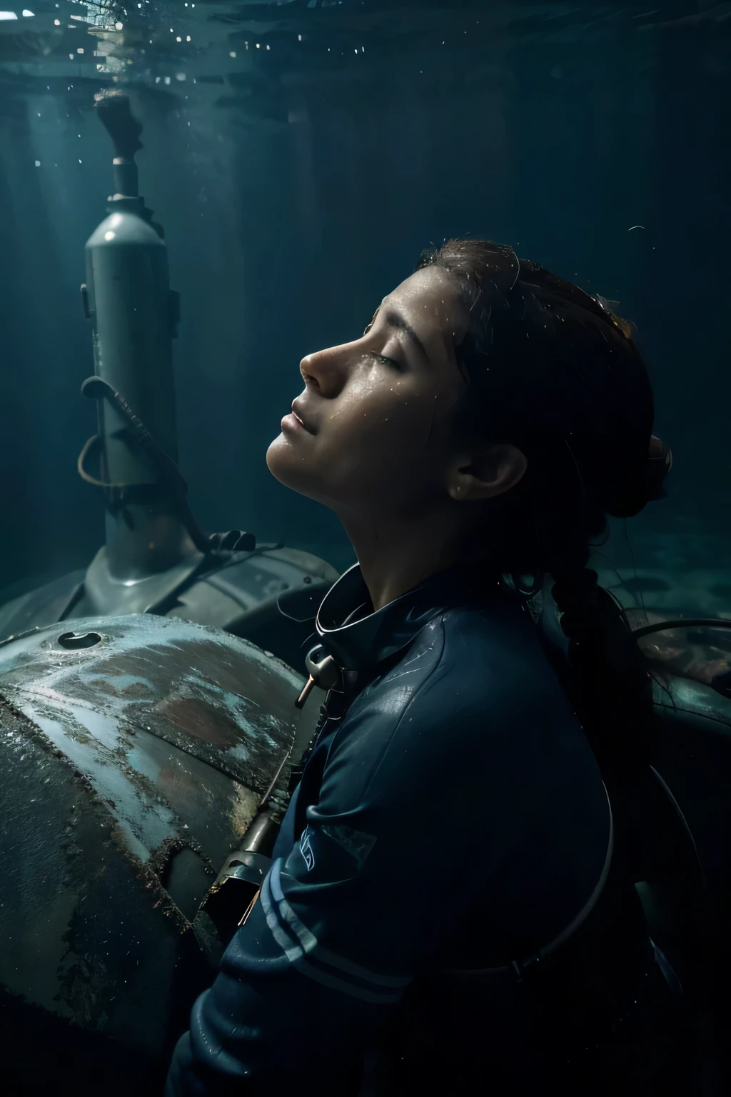 
Create an underwater scene depicting a submarine accident deep in the South Atlantic Ocean. Inclua a protagonista, Marina, in your pressure-resistant wetsuit, fighting a lack of oxygen., tenha cabelos de homem marrons acoberados, tanned skin Highlight the damaged oxygen cylinder and debris around the submarine. Convey a sense of tension and desperation in Marina&#39;expression. Incorporate a mysterious and dark underwater background. The scene should capture the essence of the book &#39;30 DAYS IN ATLANTIS&#39;, inspirado no caso do submarino argentino perdido &#39;Saint John&#39; in the South Atlantic Ocean.