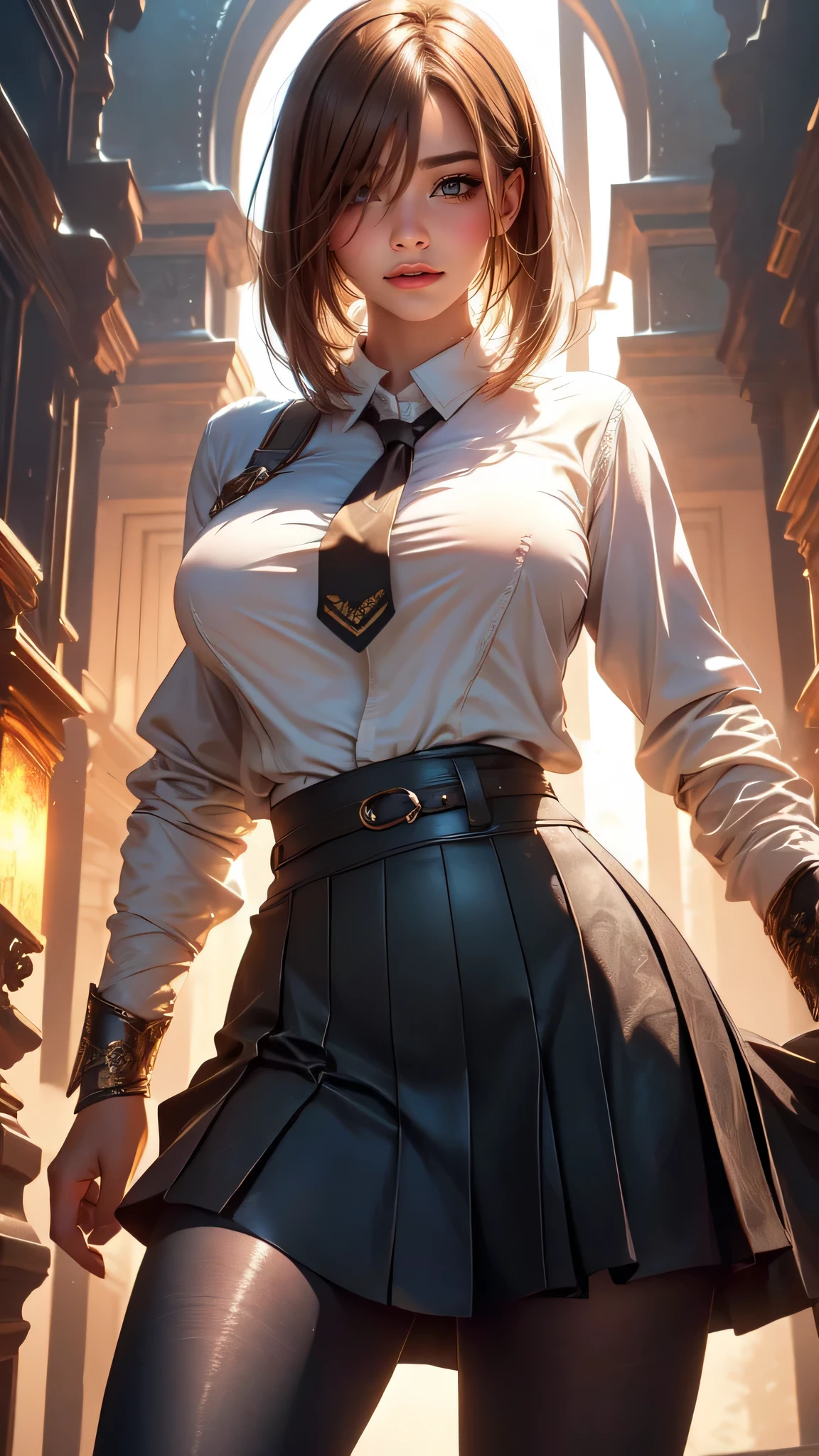 Random Action Pose,from below,(movie-like scene,fantasy art,best image quality,hyperrealistic portrait,(8k),Super realistic,最high quality,high quality,High resolution,high qualityな質感,high detail,beautiful,Detailed,Highly detailed CG,detailed texture,realistic facial expression,masterpiece,before,dynamic,bold),highly detailed skin,(curve,),beautiful胸,(big breasts:1.2),white skin,pointed chest,erect nipples,short hair,(super thin hair),(super soft hair),(ultra straight hair),long flowing bangs,very light coppery amber hair,hair above one eye,(dressed:1.5),school uniform