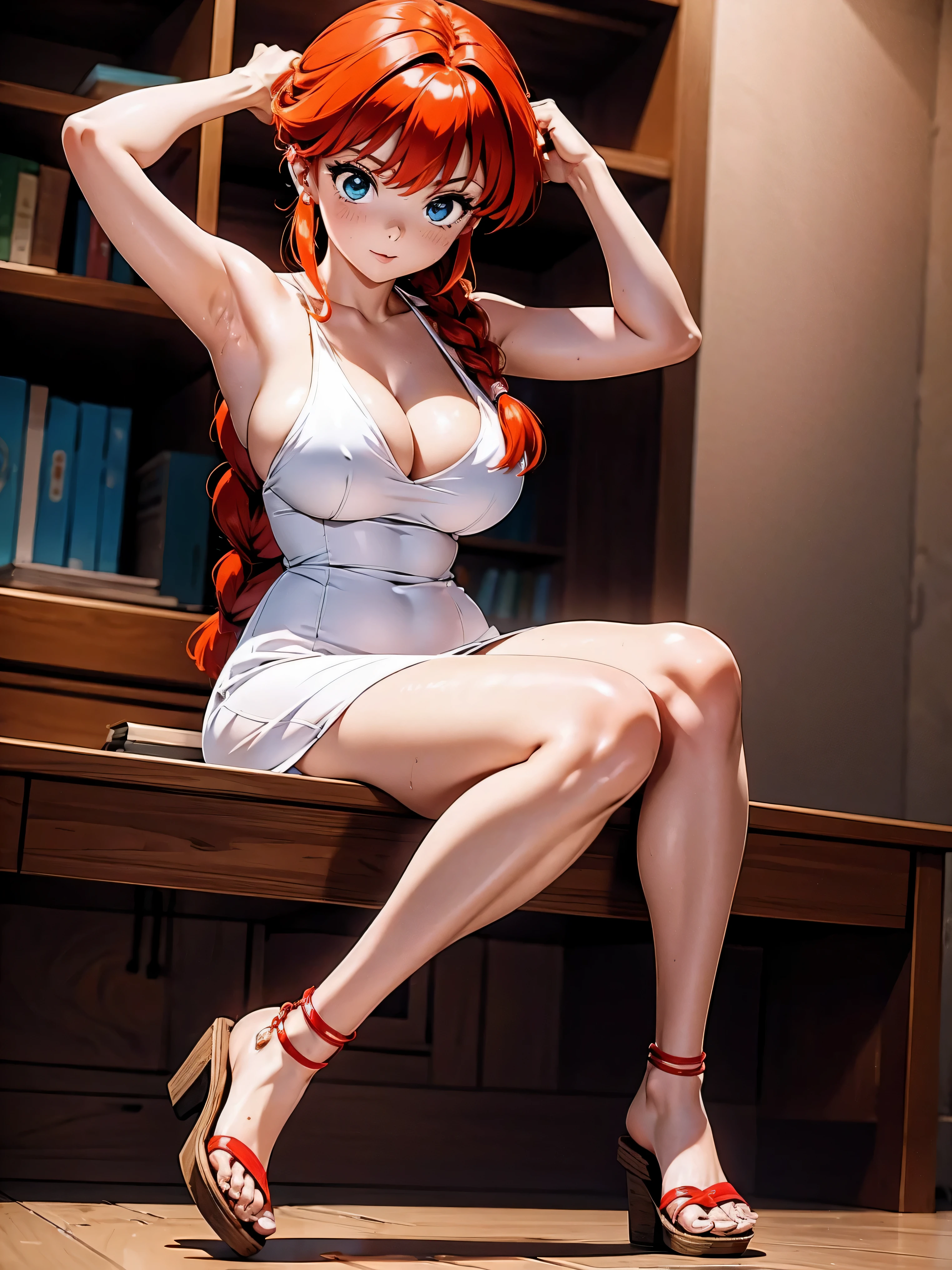 Garota anime ruiva com vestido longo pink, , corpo bonito, seios gs, with hands behind head, running your hands through your hair, Garota sexy, red hawith braid , beautiful lighting, sombras suaves, olhos azuis, pernas bonitas, hair with braid, estilo anime, Ranma Chan, Autora Rumiko Takahashi, Baseado em obra de Rumiko Takahashi, Anime Ranma 1/ 2, decote sexy, quadril rsto, corpo inteiro, corpo inteiro, busto grande, garota jovem com corpo belo e bonito, sandals on his feet, garota 16 anos jovem baixura, usando vestido longo rosa, garota anime, estilo anime, beautiful feet in sandals, 45° viewing angle, ao ar livre