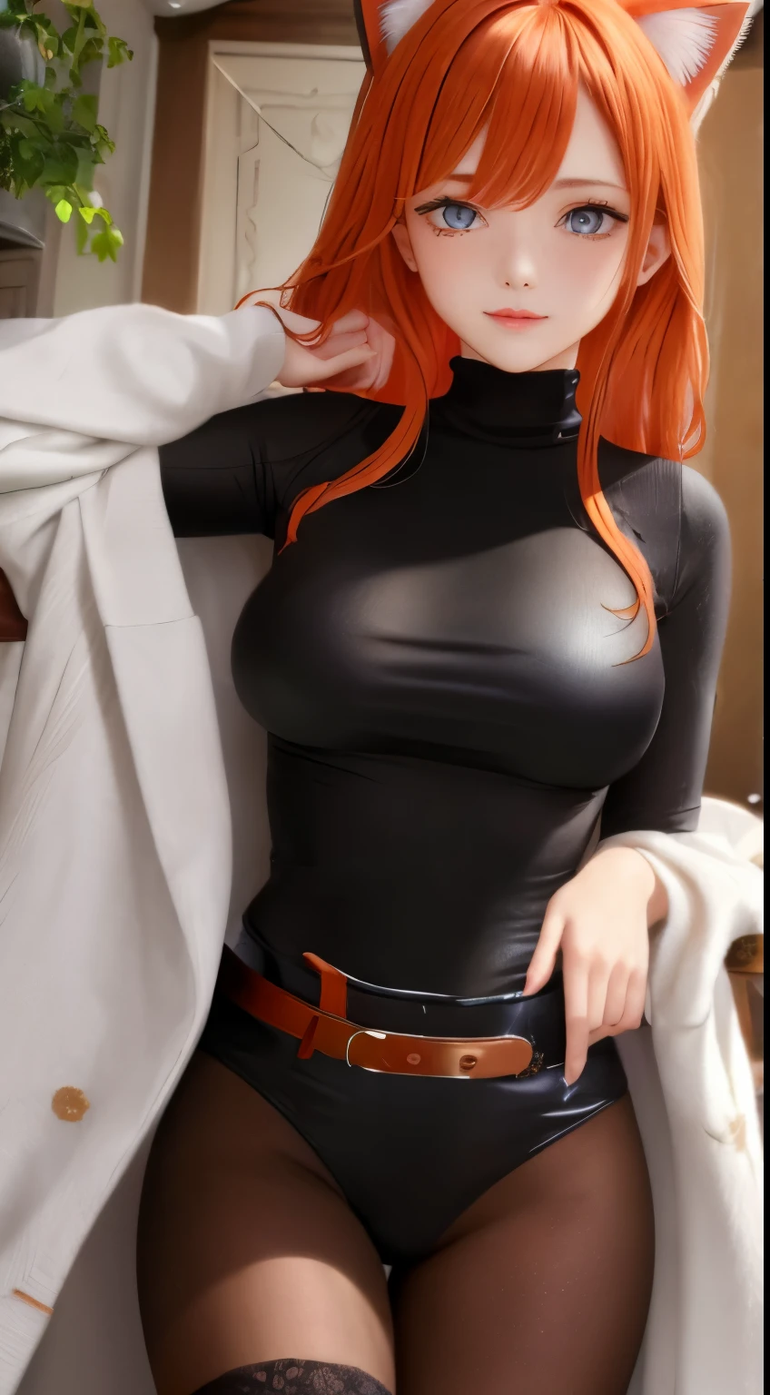 milf, masterpiece, Best quality, ultra detailed, beautiful lighting, 1 girl, orange hair, cat ear, green eyes, freckles, turtleneck top, Looking at the viewer, detailed black stockings with belt, Juicy ass
