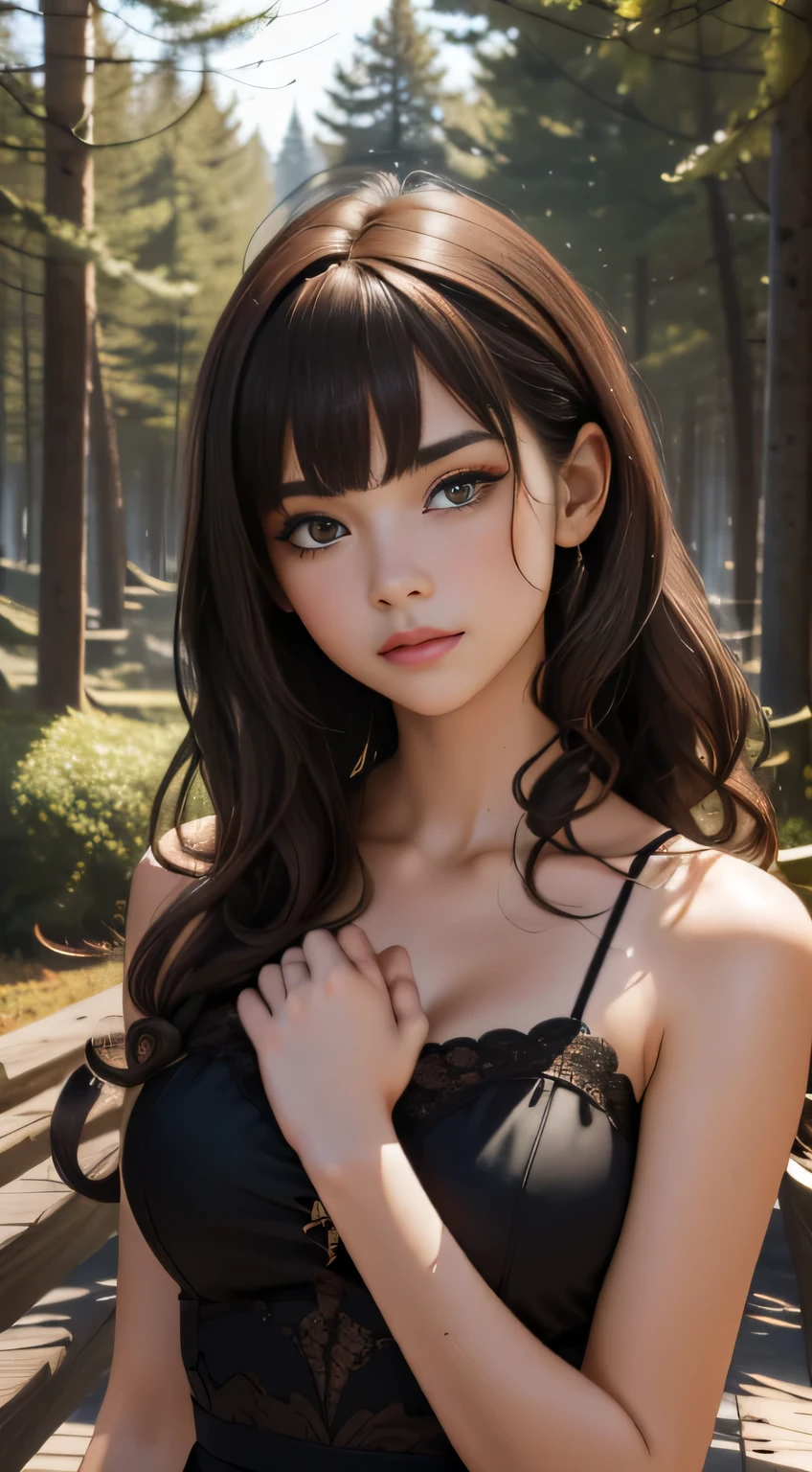 (Extremely detailed 8k wallpaper:2), (sfw:2), (photo:2), (a 20-year-old girl:2), (pensive, looking at her hands:2), detailed (Long dark brown hair with bangs, curly hair:2), (semi realistic:1), (highly detailed:1), (masterpiece:1), rim light, (maximum details:1), (aesthetic, cold expression:1), battle scenes, (outdoors:1), (forest background:2), (with many trees and dark sky:1), flowing white pants, bare shoulders, black Japanese-style cut clothes, golden details.