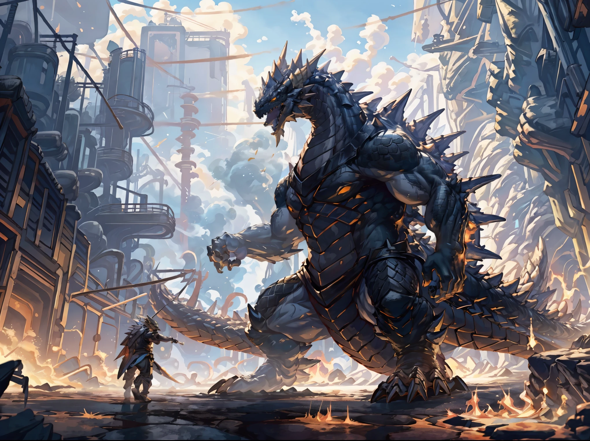 (obra-prima, melhor qualidade: 1.4),
(badass, batalha stanse:1.2), epic, Godzilla, White hair dragon, olhando para o espectador, fundo detalhado, vento, (cidade cyberpunk: 1.2), rua, flames
