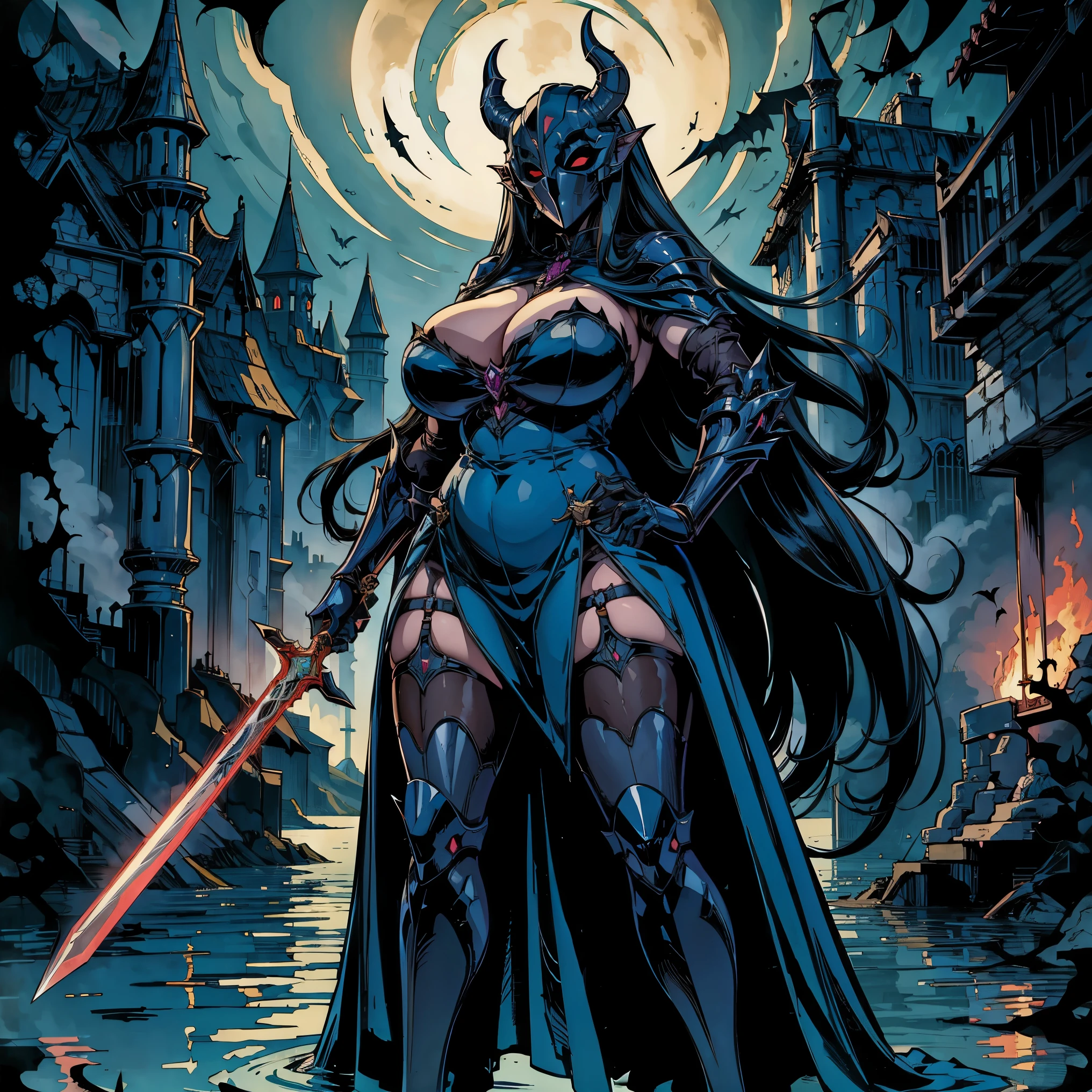 Beautiful chubby evil succubus robot lady with long hair wearing a long dress holding a sword in her hands standing in a lake , wearing a mask,dark atmosphere