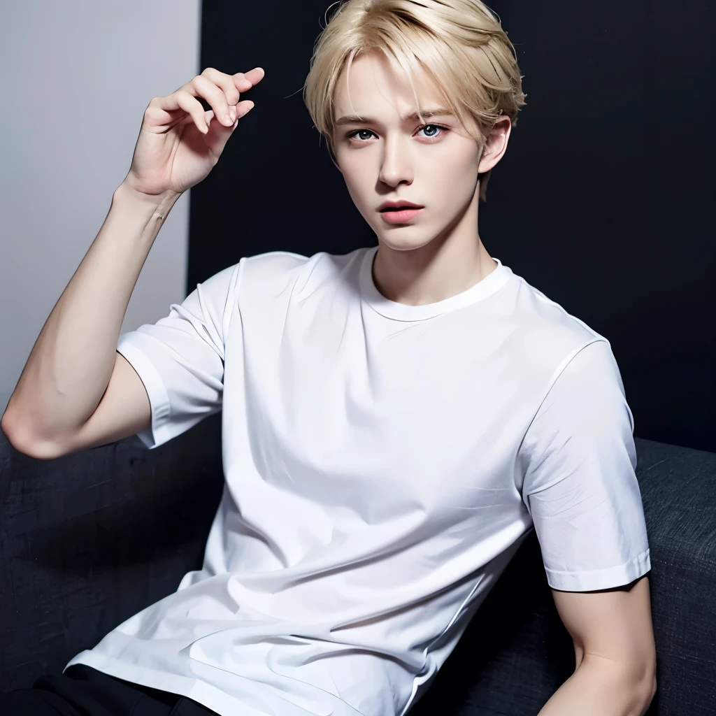 Boy, blond hair, blue eyes, sharp features, white skin, young man, black shirt and pants style. 