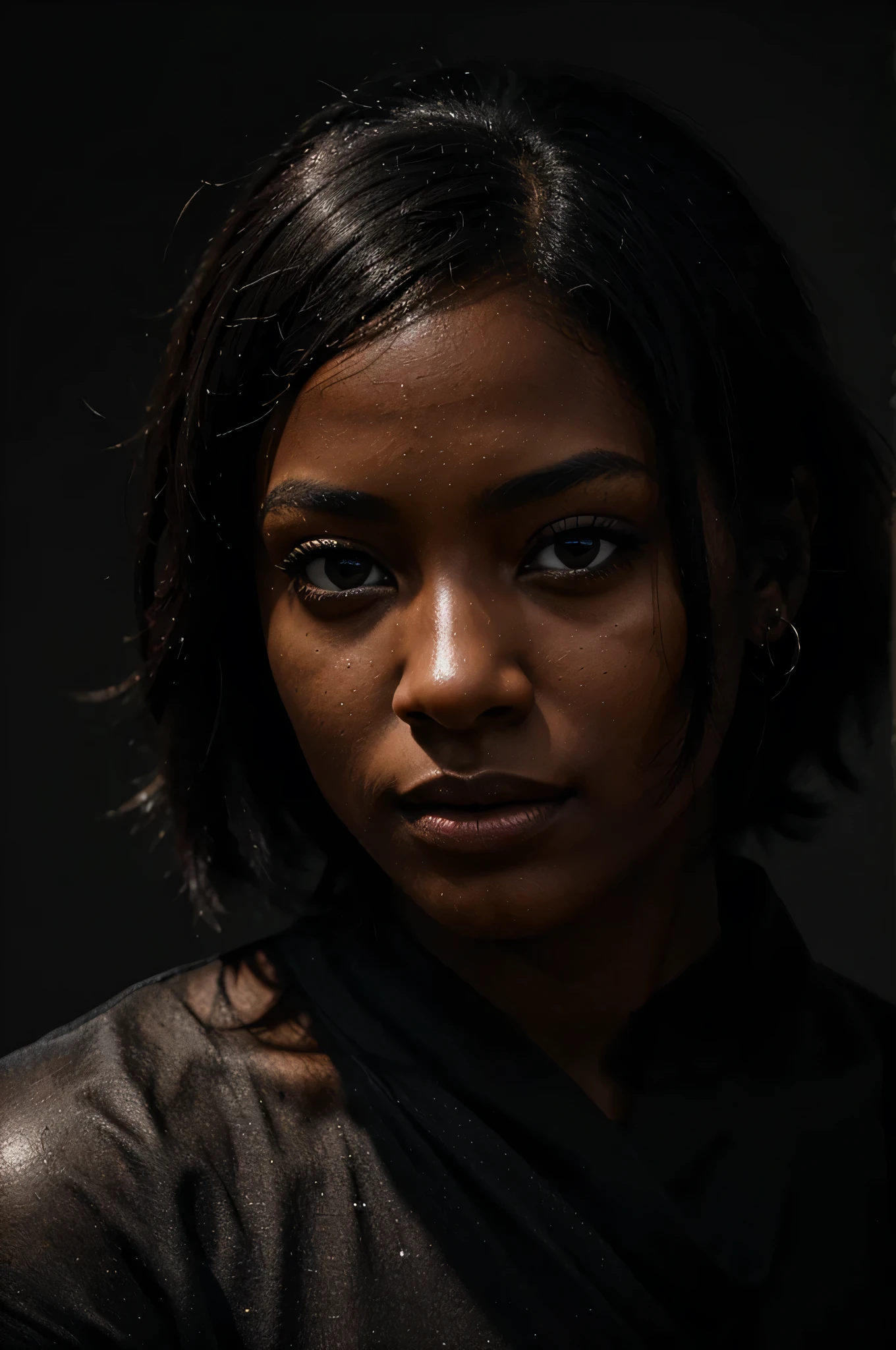 The midnight-hued portrait captures a black woman blending into an equally dark background., His silhouette is barely distinguishable since only his eyes catch a flash of light., creando un encanto misterioso, iluminado lateralmente, con un alto contraste entre luces y sombras, chiaroscuro technique, pintura digital, Detalles ultrafinos, colores vivos a pesar de la paleta oscura, dramatic lighting, ultra realista.