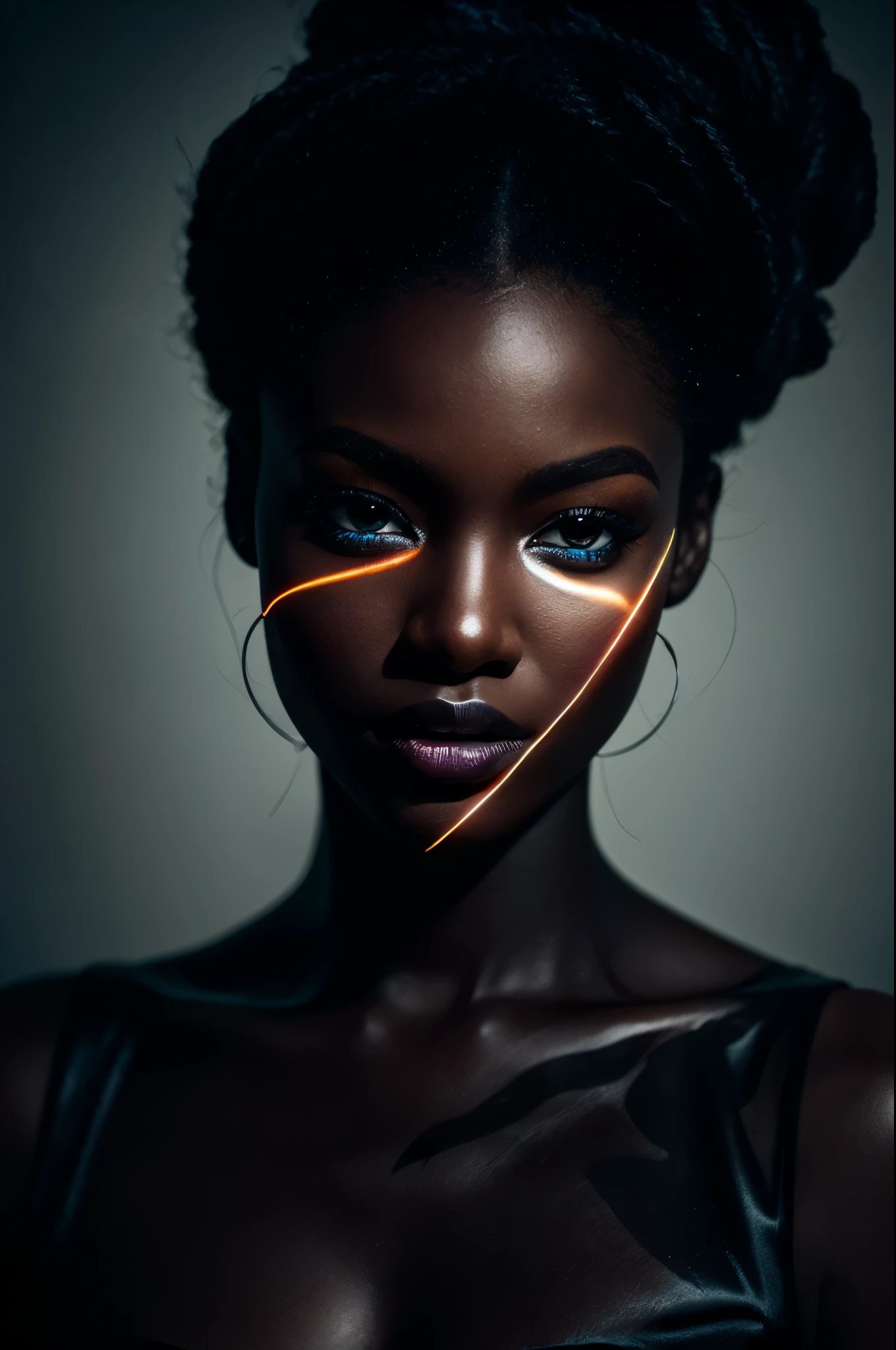 Midnight-toned portrait captures a black woman blending into an equally dark background, her silhouette barely distinguishable as only her eyes catch a glint of light, creating a mysterious allure, side-lit, with a high contrast between light and shadow, chiaroscuro technique, digital painting, ultra fine details, vivid colors despite the dark palette, dramatic lighting, ultra realistic.