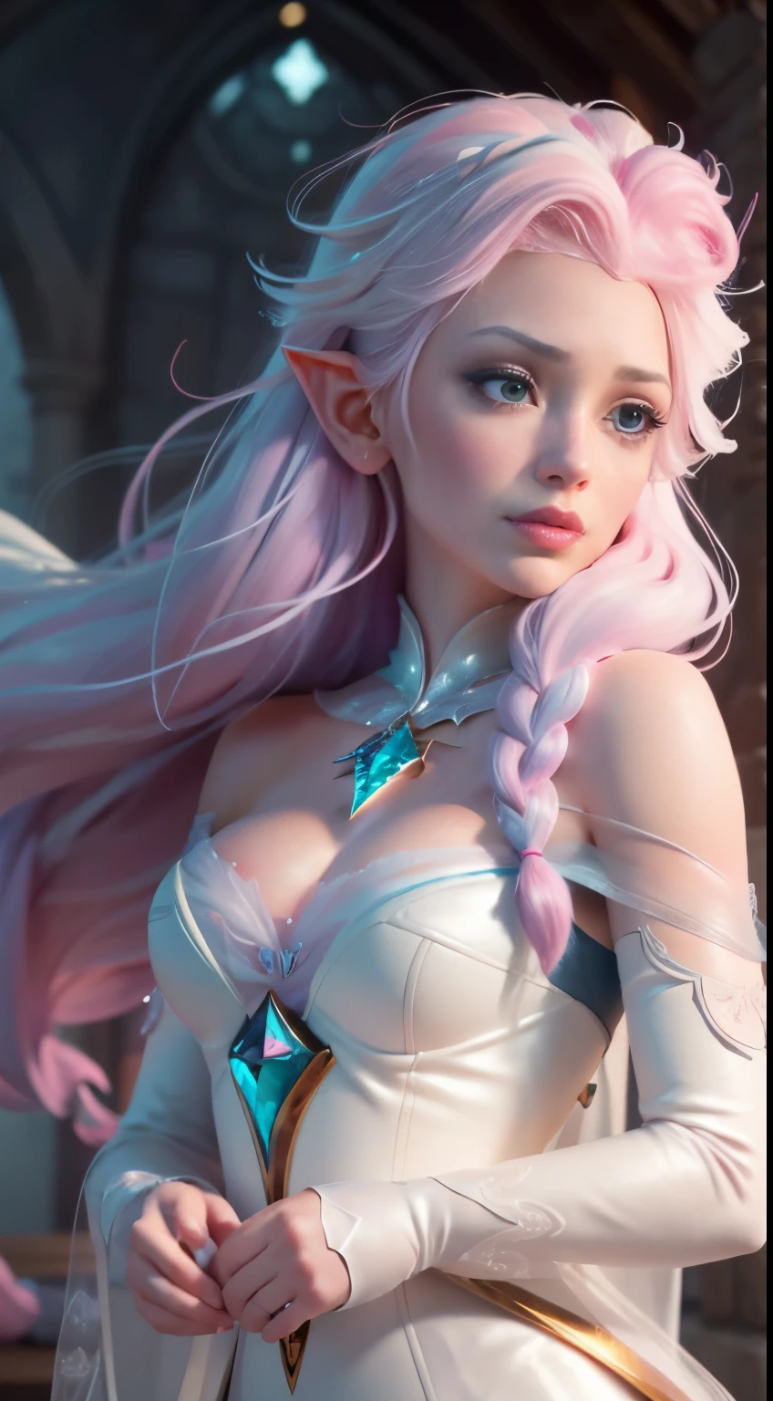 Elfgirl (rose quartz SU-Elsa frozen Disney  mezclando modelos .) (ultra FUSION of white and pink hair) Highly detailed CG unity 8k wallpaper, style shot, complex, high detail, dramatic, highest quality movie still image, very detailed, masterpiece, best quality, character design, Elsa, Elsa from Frozen,Fusion Pink Diamond (( Dark style)), realistic ultra-detailed rendering style, natural light, sharp character design, (hard focus, 8k), (((natural skin texture))), 8k textures, soft cinematic lighting, adobe lightroom, dark room, hdr, Sophisticated, Elegant, Rich Detail, Sharp Focuilm Look) )), Soothing Tones, Detail Frenzy, Intricate Detail, Super Detail, Low Contrast, Soft Film Lighting, Dull Colors, Exposure Blending, HDR, Fade, 35mm, f/1.4, ISO64, f16, 25 sec.