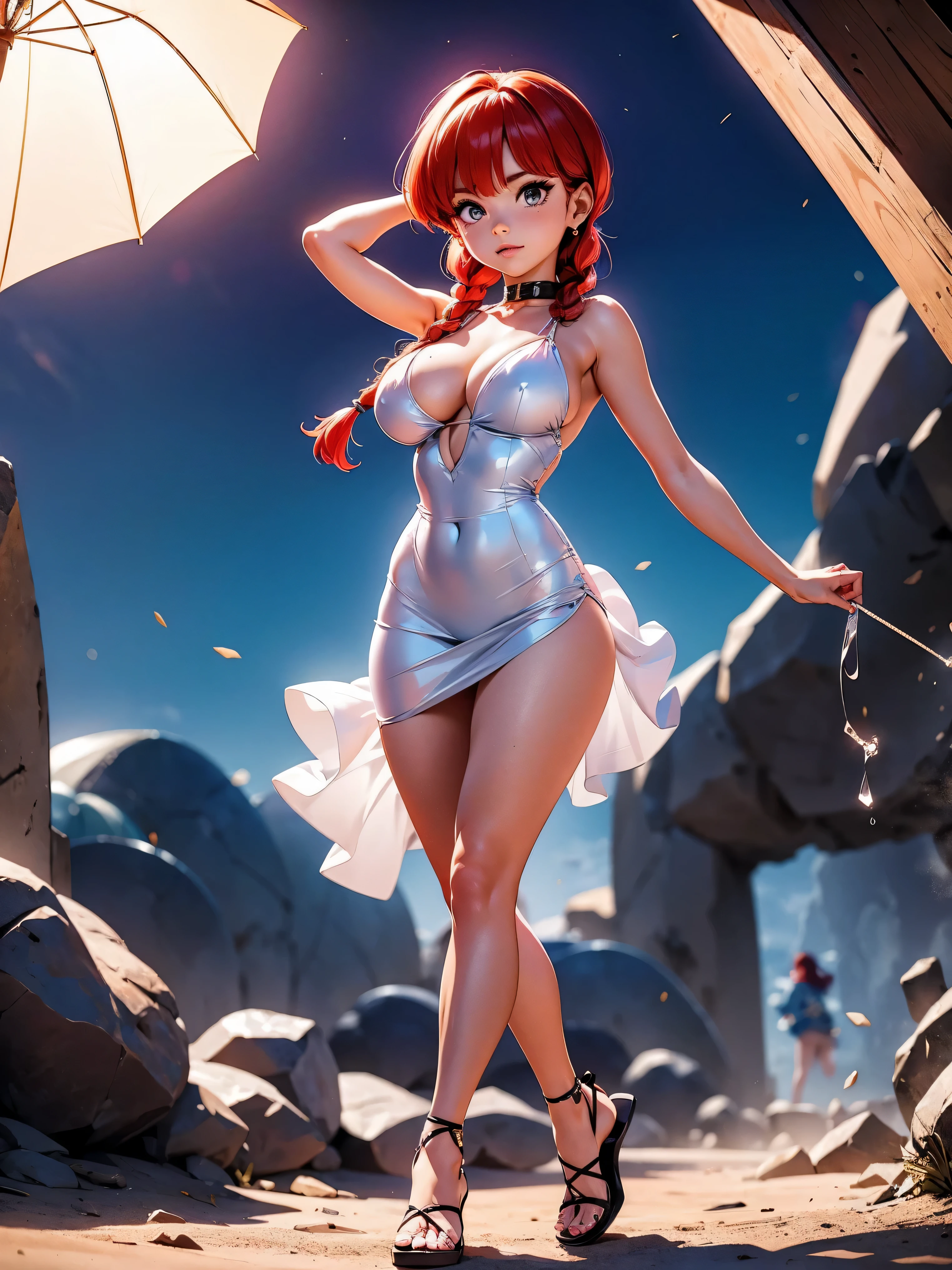 Garota anime ruiva com vestido longo pink, , corpo bonito, seios grandes, with hands behind head, running your hands through your hair, Garota sexy, red hair with braid , beautiful lighting, sombras suaves, olhos azuis, pernas bonitas, hair with braid, estilo anime, Ranma Chan, Autora Rumiko Takahashi, Baseado em obra de Rumiko Takahashi, Anime Ranma 1/ 2, decote sexy, quadril robusto, corpo inteiro, corpo inteiro, busto grande, garota jovem com corpo belo e bonito, sandals on his feet, garota 16 anosbaixa estatura, usando vestido longo rosa, garota anime, estilo anime, beautiful feet in sandals, 45° viewing angle, ao ar livre