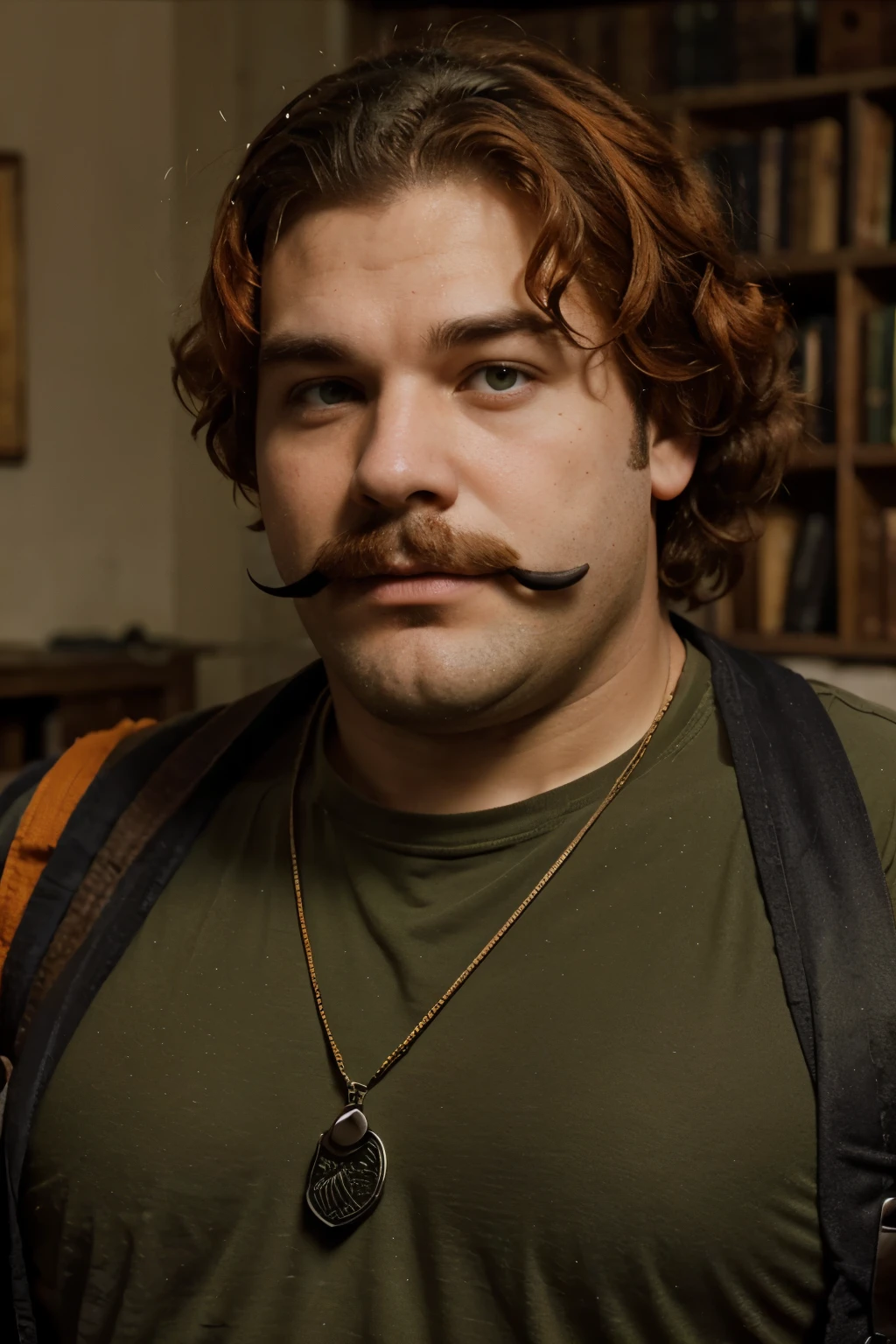 1,03 meters fat man 20yo with a green beret and a moustache, curly orange hair, on dungeons and dragons style
