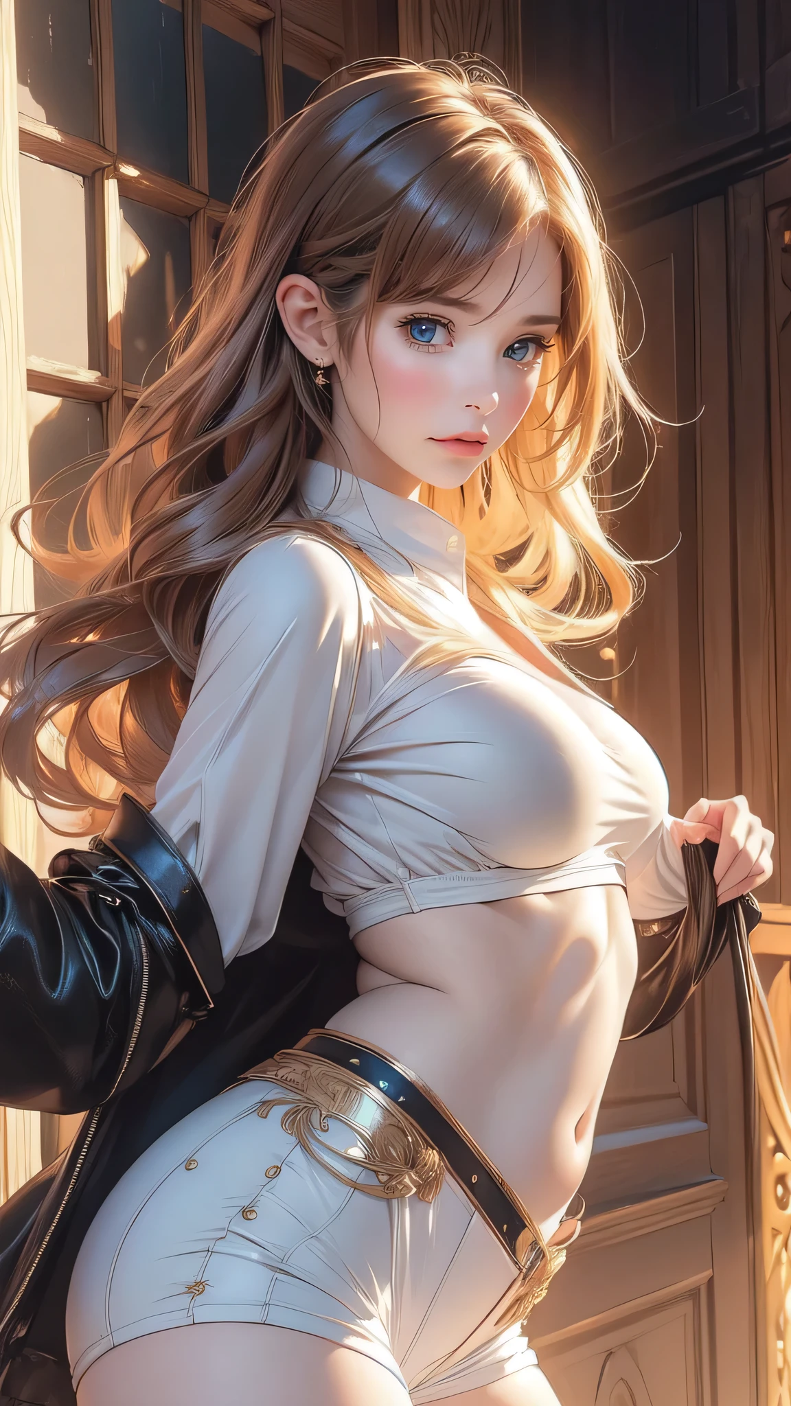 NSFW,(random sexy pose:1.5),from below,(movie-like scene,fantasy art,best image quality,hyperrealistic portrait,(8k),Super realistic,最high quality,high quality,High resolution,high qualityな質感,high detail,beautiful,Detailed,Highly detailed CG,detailed texture,realistic facial expression,masterpiece,before,dynamic,bold),highly detailed skin,(curve,),beautiful胸,(big breasts:1.2),white skin,pointed chest,erect nipples,(super thin hair),(super soft hair),(ultra straight hair),long flowing bangs,very light coppery amber hair,hair above one eye,(dressed:1.5),school uniform