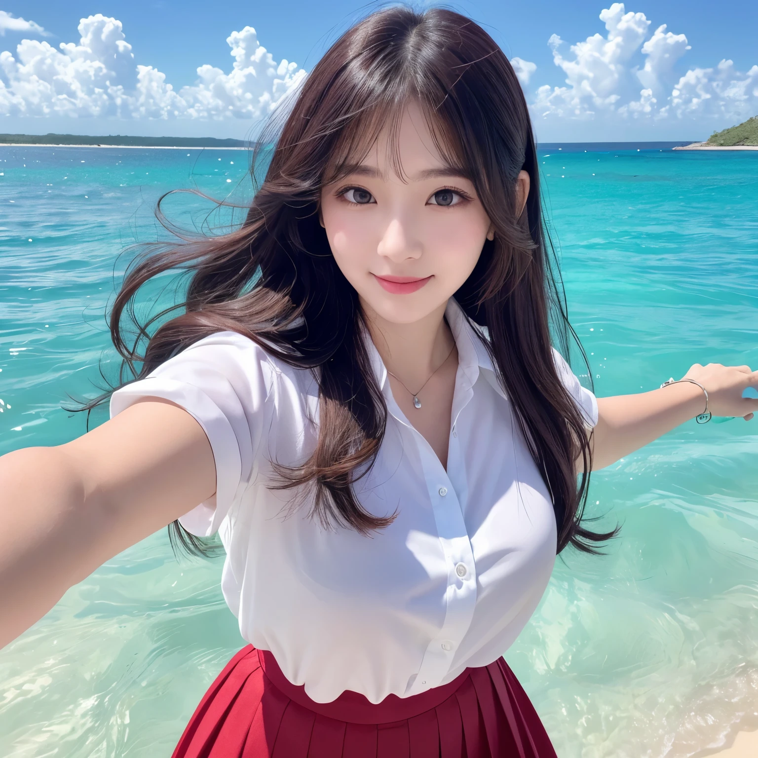 ((highest quality、table top、8k、best image quality、extremely complex and detailed depiction))、(1 person photo:1.1)、The best smile staring at the camera、beautiful beach、(red hibiscus hair ornament:1.1)、(polyester shirt:1.1)、navy pleated skirt、high school uniform、(Huge breasts that are about to burst:1.1)、(emphasize body line:1.1)、cleavage、(close up of face:1.2)、glamorous body、hair swaying in the wind、sandy beach、beautiful sea、Recreate the perfect details of a deserted island、Crystal clear and sparkling sea、Complex sea glow、beautiful seaの詳細が描かれています、Brightly lit face、Ultra high definition beauty face、ultra high definition hair、Super high-definition sparkling eyes、(Pure white skin shining in ultra-high resolution:1.1)、Super high resolution glossy lips、(Selfie in gravure pose:1.1)