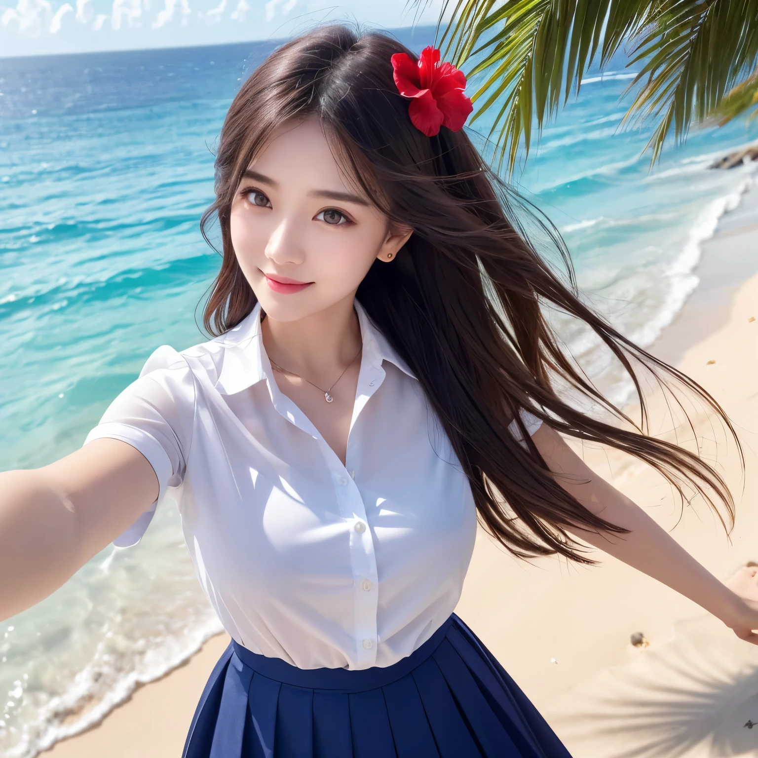((highest quality、table top、8k、best image quality、extremely complex and detailed depiction))、(1 person photo:1.1)、The best smile staring at the camera、beautiful beach、(red hibiscus hair ornament:1.1)、(polyester shirt:1.1)、navy pleated skirt、high school uniform、(Huge breasts that are about to burst:1.1)、(emphasize body line:1.1)、cleavage、(close up of face:1.2)、glamorous body、hair swaying in the wind、sandy beach、beautiful sea、Recreate the perfect details of a deserted island、Crystal clear and sparkling sea、Complex sea glow、beautiful seaの詳細が描かれています、Brightly lit face、Ultra high definition beauty face、ultra high definition hair、Super high-definition sparkling eyes、(Pure white skin shining in ultra-high resolution:1.1)、Super high resolution glossy lips、(very cute selfie:1.1)